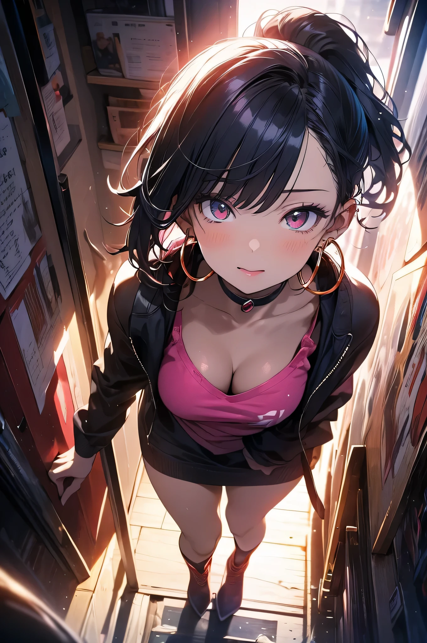 hair above one eye, red eyes, clear eyes, choker, Neon Shirt, torn legwear, open jacket, towards the wall, brick wall, graffiti, shineing grafiti, shineing tattoos, shine, neon light, Black light,anime style, movieポートレート写真, 1 female, 22 years ago, Full body Esbian,Blue eyes background, big and full breasts, anger, (scarlet colored hair), long hair, purple eyes, wearing a short black dress, (natural skin texture vivid details, surreal, (realistic detailed eyes, natural skin texture, realistic facial details), soft and dramatic lighting, Depth of written boundary, Bokeh, vivid details, surreal, 35mm movie, hazy blur, movie,lipstick, ear piercing, eye shadow, hoop earrings, Red-pink lips, 多色のred eyes, purple theme,Wear an iridescent aura,beautiful eyes,stand in front of the red gate,bold pose、upper grade,upper ponytail,Hanging bangs、、Peeping、Face straight up、,boots,(((Shooting from various angles)),peek from above,Focus more on the shooting angle than anything else