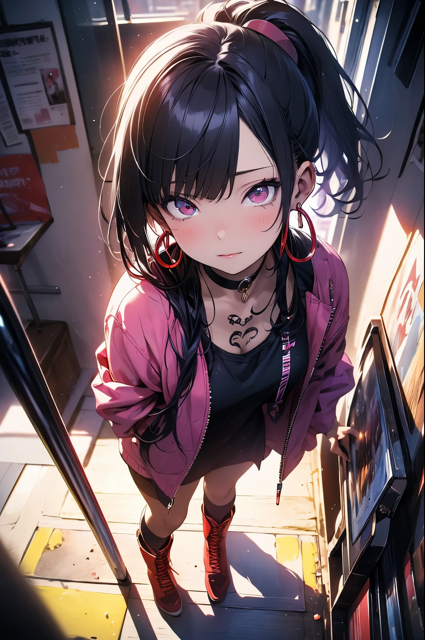 hair above one eye, red eyes, clear eyes, choker, Neon Shirt, torn legwear, open jacket, towards the wall, brick wall, graffiti, shineing grafiti, shineing tattoos, shine, neon light, Black light,anime style, movieポートレート写真, 1 female, 22 years ago, Full body Esbian,Blue eyes background, big and full breasts, anger, (scarlet colored hair), long hair, purple eyes, wearing a short black dress, (natural skin texture vivid details, surreal, (realistic detailed eyes, natural skin texture, realistic facial details), soft and dramatic lighting, Depth of written boundary, Bokeh, vivid details, surreal, 35mm movie, hazy blur, movie,lipstick, ear piercing, eye shadow, hoop earrings, Red-pink lips, 多色のred eyes, purple theme,Wear an iridescent aura,beautiful eyes,stand in front of the red gate,bold pose、upward glance,upper ponytail,Hanging bangs、、peeping、Face straight up、,boots,(((Shooting from various angles)),Peeking in from above,Focus on shooting angles above all else