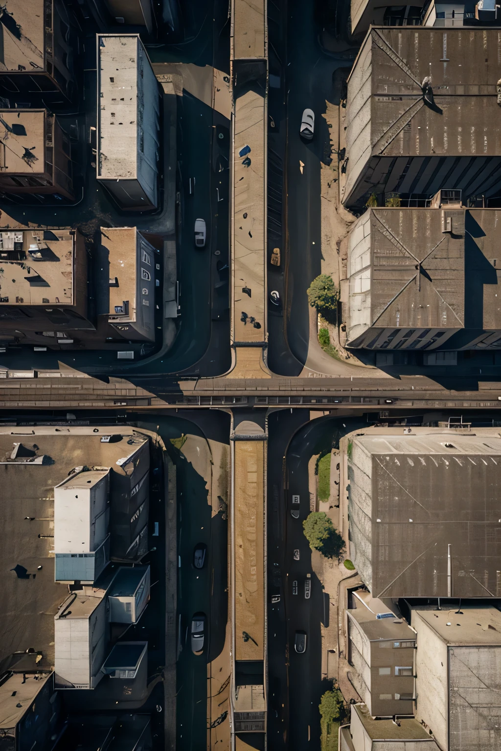 Subject: Wide drone shot of a suburban street

Descriptions: Vast, sprawling, panoramic, aerial, expansive, bird's eye view

Environment: Industrial, urban, residential, juxtaposition of factories and railway line, contrasting landscapes

Mood/Feelings: Gritty, rugged, worn-out, abandoned, desolate, industrial decay, juxtaposition of old battered cars

Artistic Medium/Techniques: Photography, aerial perspective, drone cinematography, capturing textures and details

Artists/Illustrators/Art Movements: Edward Hopper, Charles Sheeler, Urban Realism, Industrial photography

Camera Settings: Drone camera, high altitude, wide-angle lens, capturing details of factories and railway line

Film: Digital format