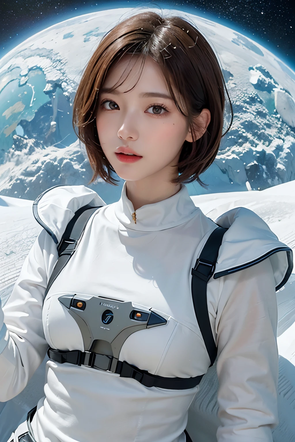 highest quality、masterpiece、ultra high resolution、(real:1.4)、Beautiful woman１、Beautiful details of eyes and skin、light brown short cut hair、The perfect spacesuit、spaceship、snow原、snow、