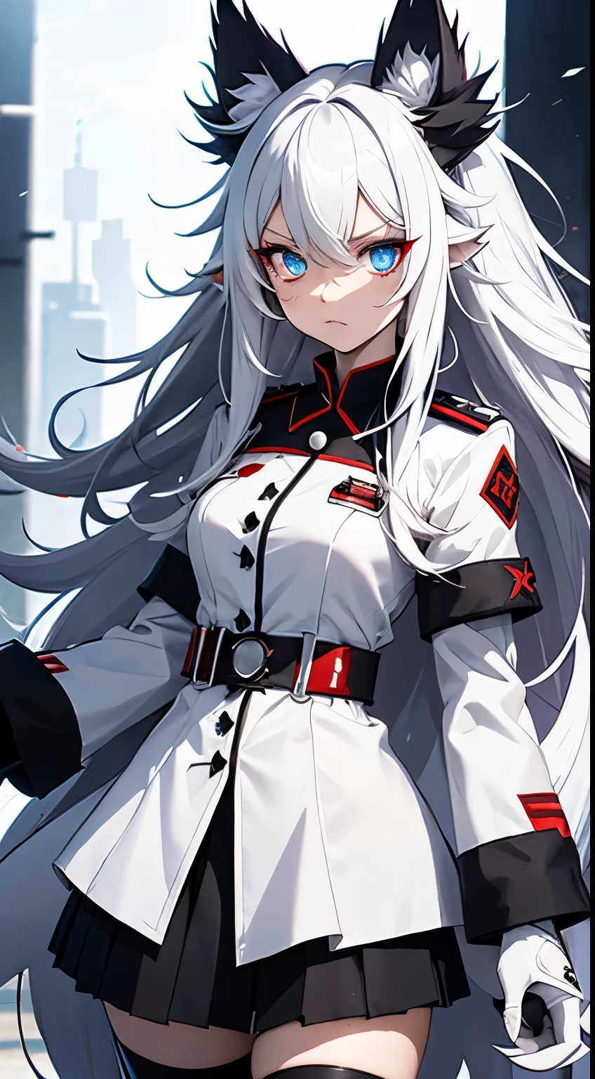 white uniform, monster girl, red trim, black wolf ears, tall black wolf ears, frown, chimera, white hair, wild hair, torn clothes, blue eyes, wolf paws, long hair, claws,