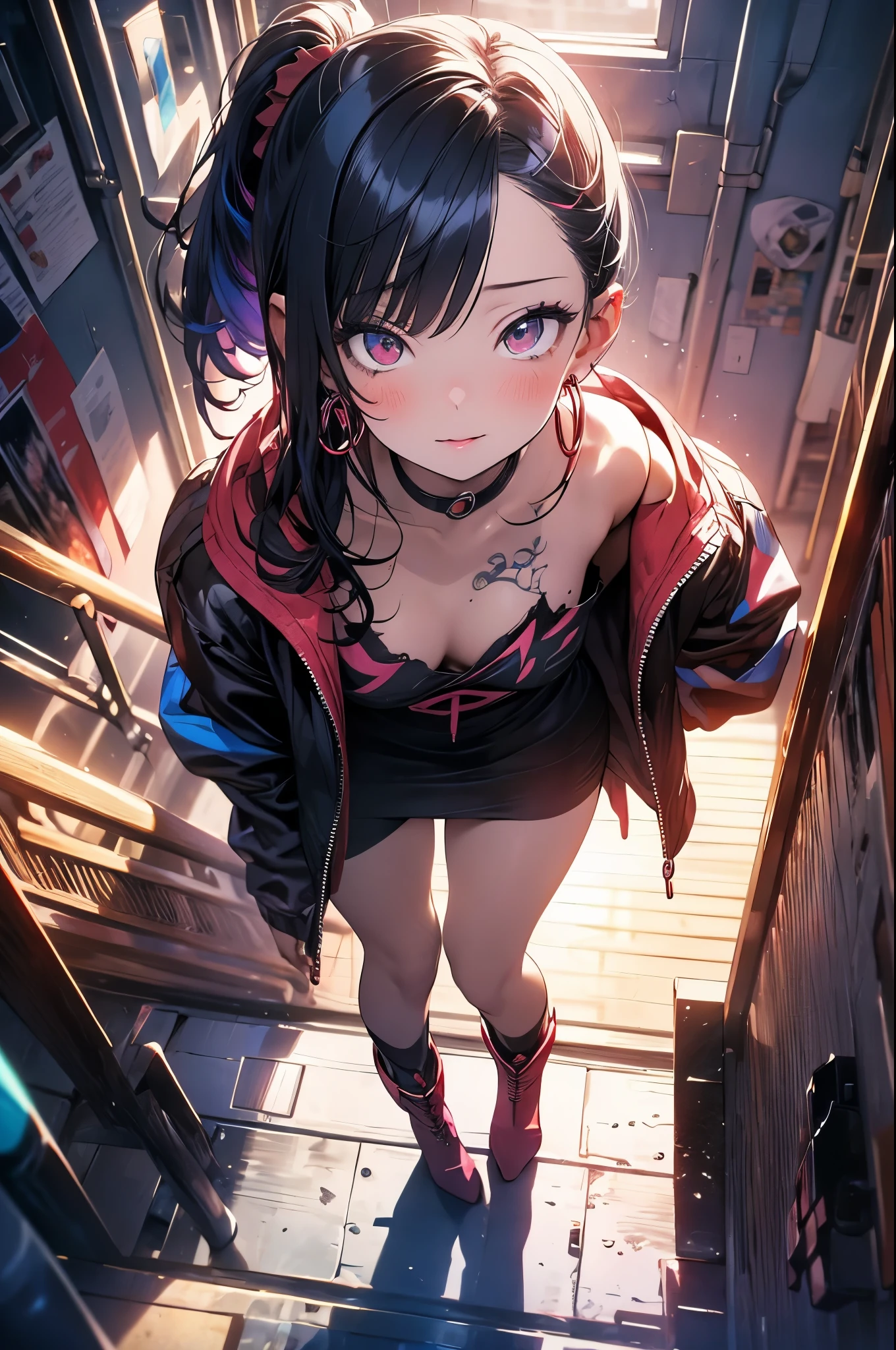 hair above one eye, red eyes, clear eyes, choker, Neon Shirt, torn legwear, open jacket, towards the wall, brick wall, graffiti, shineing grafiti, shineing tattoos, shine, neon light, Black light,anime style, movieポートレート写真, 1 female, 22 years ago, Full body Esbian,Blue eyes background, big and full breasts, anger, (scarlet colored hair), long hair, purple eyes, wearing a short black dress, (natural skin texture vivid details, surreal, (realistic detailed eyes, natural skin texture, realistic facial details), soft and dramatic lighting, Depth of written boundary, Bokeh, vivid details, surreal, 35mm movie, hazy blur, movie,lipstick, ear piercing, eye shadow, hoop earrings, Red-pink lips, 多色のred eyes, purple theme,Wear an iridescent aura,beautiful eyes,stand in front of the red gate,bold pose、upward glance,upper ponytail,Hanging bangs、、peeping、Face straight down、,boots,(((Shooting from various angles)),peek from below,Shot from your feet、Focus on shooting angles above all else