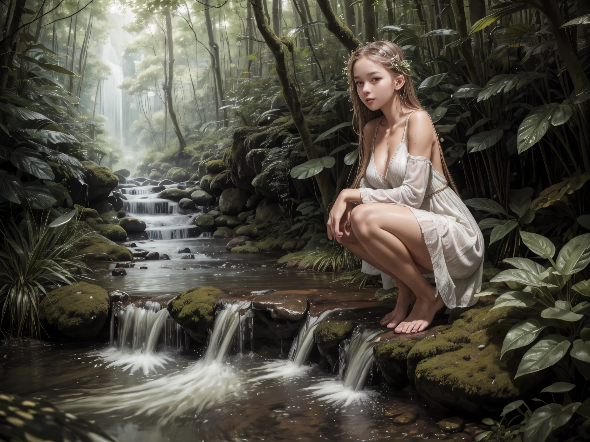 (best quality,4k,8k,highres,masterpiece:1.2),ultra-detailed,(realistic,photorealistic,photo-realistic:1.37),HDR,UHD,studio lighting,ultra-fine painting,sharp focus,physically-based rendering,extreme detail description,professional,vivid colors,bokeh,portraits
A girl squatting in a stream and splashing water on her body. She has beautiful detailed eyes, long eyelashes, and beautiful detailed lips. The water droplets are glistening on her skin. The stream is crystal clear, reflecting the surrounding lush greenery. The sunlight filters through the trees, casting a soft glow on the scene. The girl is wearing a white summer dress that clings to her wet body, accentuating her curves. She is surrounded by colorful wildflowers, adding a touch of vibrant beauty to the serene atmosphere. The water splashes create a sense of energy and liveliness. The overall color tone is warm and inviting, with a soft and dreamy atmosphere. The artist has skillfully captured the girl's expression of pure joy and freedom. The painting is done with meticulous attention to detail, showcasing the artist's expertise in creating lifelike textures and vibrant colors. The artwork exudes a sense of tranquility and natural beauty, evoking a feeling of being one with nature.