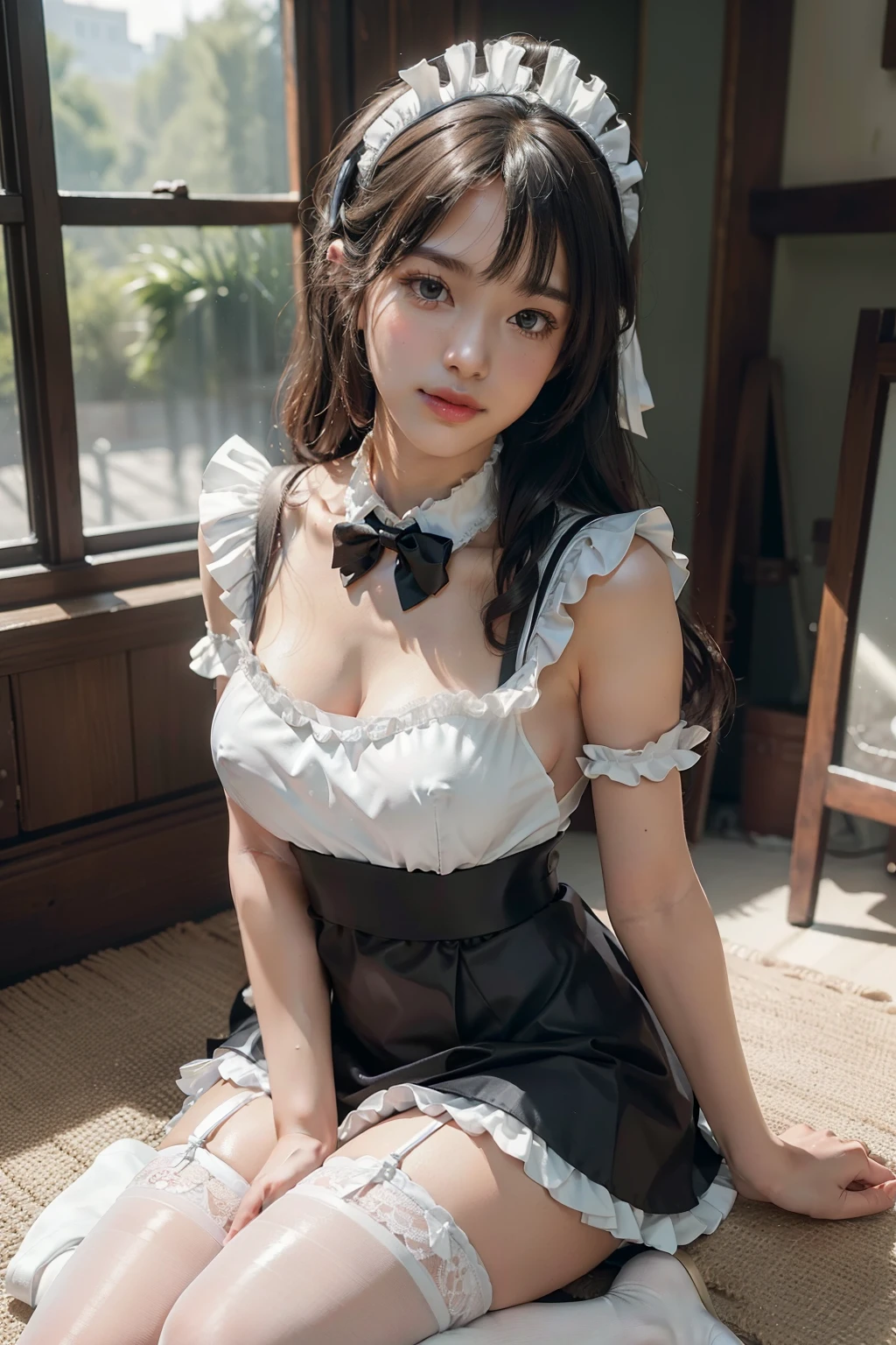 ((masterpiece)), (best quality, ultra high res, high detail photo, unity 8k wallpaper, extremely detailed CG:1.2),(raw photo,:1.3), (photo realistic:1.4), 1girl , young, professional lighting, strobe lighting, photon mapping, radiosity, physically-based rendering, cute, (finely detailed face:1.4, detailed clothes), (detailed:1.4) beautiful face, (seductive smile:1.2), depth of field, add layer, (dutch angle, gravure pose), cosplay, cosplayer, maid costume, maid headdress, frills, short skirt, bowtie, maid apron, (shiny oiled skin:1.25), sitting on white carpet, pantyhose, thighhighs, kneehighs,