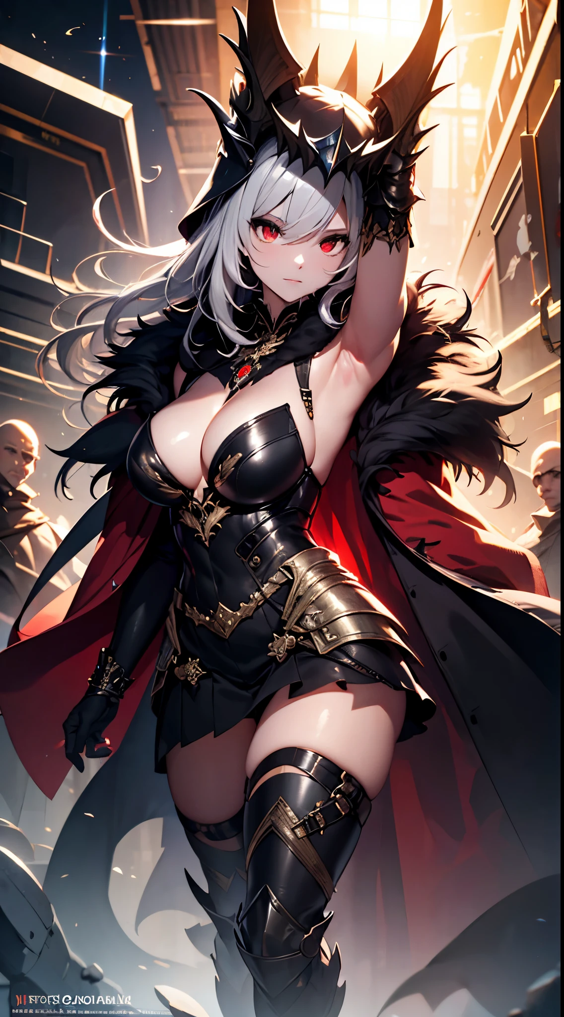 master piece, bokeh, best quality, photorealistic, ultra high resolution, 1 mature female, ultra detailed closeup portrait,

(black hoodie, red fur cloak:1.2), red plated skirt, (black dragon bone full body armor), intricate silver embroidery,

beautiful red eyes, (ultra detailed armpit:1.4), glossy skin, super huge ample breasts,

intricate grey background, strong back lighting, volumetric lighting, soft lighting, overhead lighting, dreamy