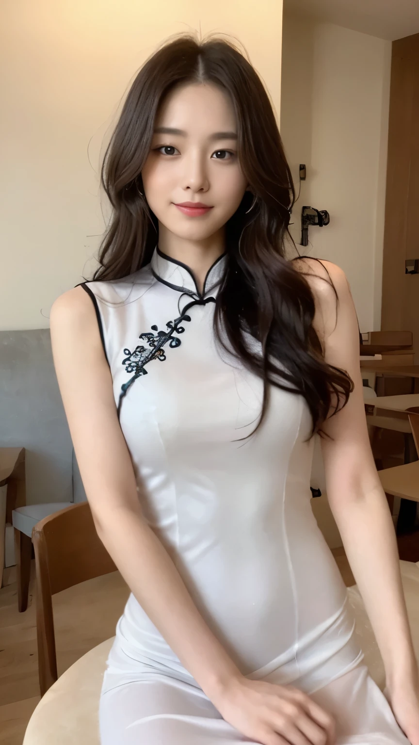 ((top-quality、8k、​masterpiece:1.3))、Beautiful woman with perfect body:1.4、slim abdomen:1.2、Longhair, normal breast, Highly detailed facial and skin texture, A detailed eye, delicate eyes, double eyelid, (smile), (full body shot), ((restaurant)), (sitting on chair), (((wearing white cheongsam 1.1))), looking in front