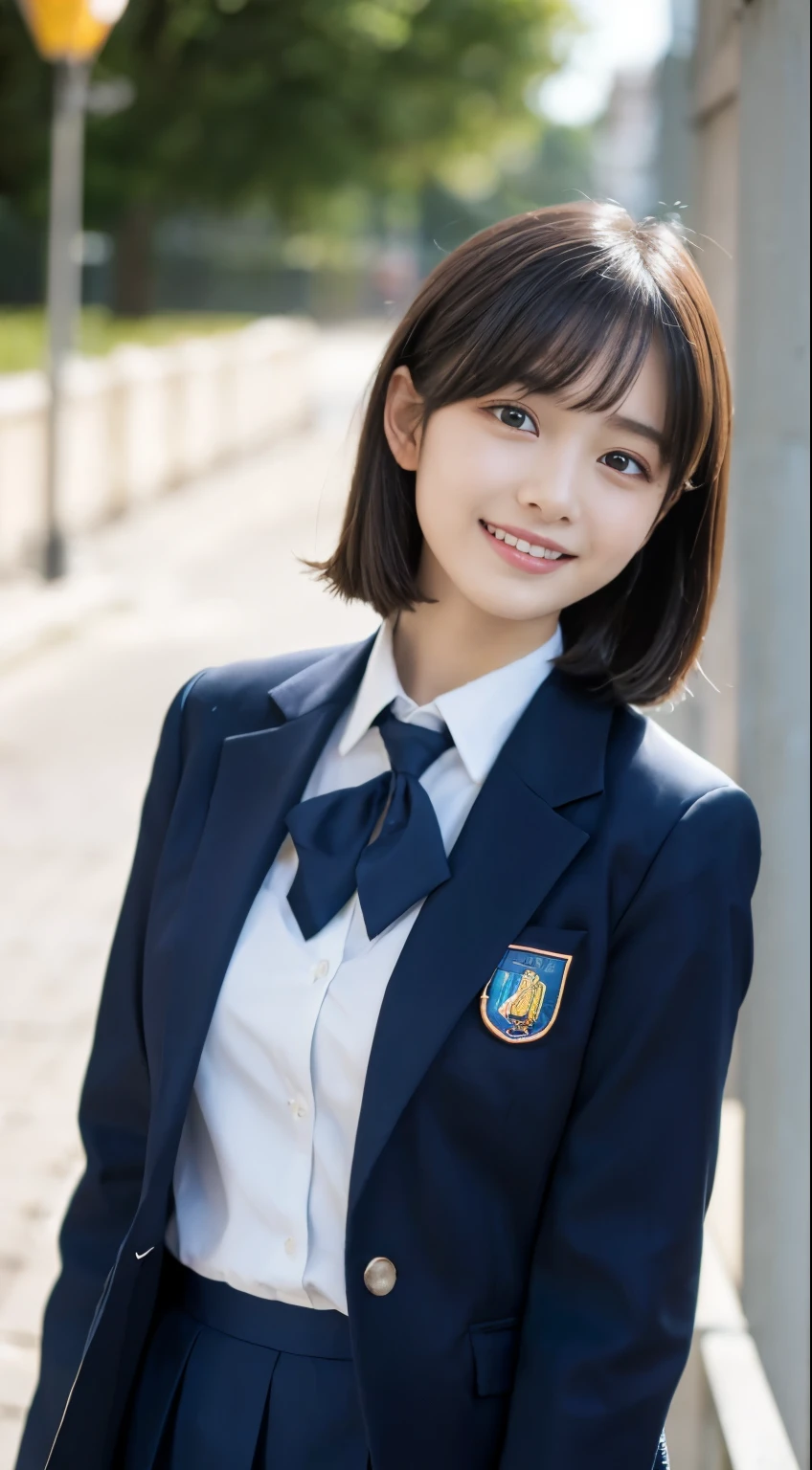 (highest quality,8K quality,masterpiece:1.3),(Super high resolution,Photoreal:1.4,Raw photo),(super detailed,caustics,detailed background),(ultra-realistic capture,Beautifully detailed skin,perfect anatomy),at dusk,sunset sky,school building,schoolyard,18-year-old,cute,single eyelid,black short bob,School Blazer Uniform,look at the camera,laughter,bust up shot,natural soft light