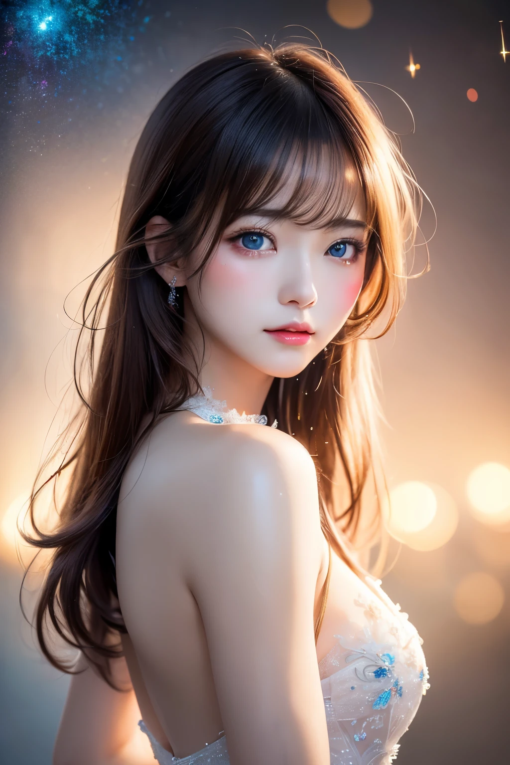 best quality, 32k, RAW photo, incredibly absurdres, extremely detailed, delicate texture, bust up of a beautiful woman with a sad expression looking back, many seven-colored light particles bursting in the fog, fantastic and mysterious