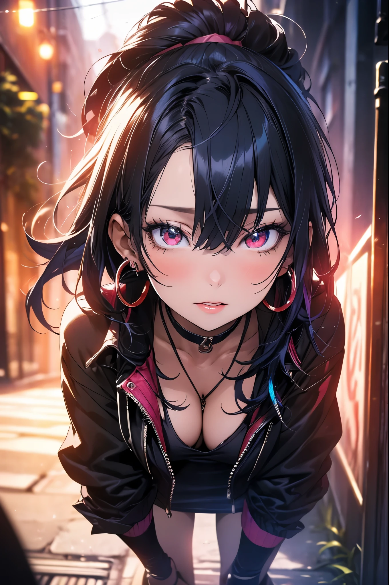hair above one eye, red eyes, clear eyes, choker, Neon Shirt, torn legwear, open jacket, towards the wall, brick wall, graffiti, shineing grafiti, shineing tattoos, shine, neon light, Black light,anime style, movieポートレート写真, 1 female, 22 years ago, Full body Esbian,Blue eyes background, big and full breasts, anger, (scarlet colored hair), long hair, purple eyes, wearing a short black dress, (natural skin texture vivid details, surreal, (realistic detailed eyes, natural skin texture, realistic facial details), soft and dramatic lighting, Depth of written boundary, Bokeh, vivid details, surreal, 35mm movie, hazy blur, movie,lipstick, ear piercing, eye shadow, hoop earrings, Red-pink lips, 多色のred eyes, purple theme,Wear an iridescent aura,beautiful eyes,stand in front of the red gate,bold pose、upward glance,upper ponytail,Hanging bangs、、look directly below、Face straight down、,boots,(((色んなangleから撮影中)),peek from below,Shot from your feet、何よりも撮影のangle重視,I can see the pants、angle