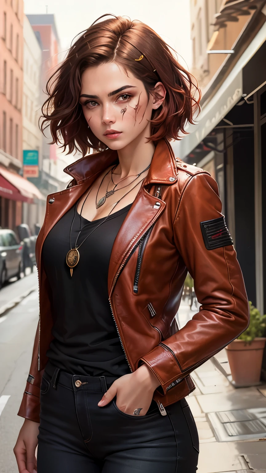 ((best quality)), ((artwork)), (detailed), perfect face, a woman Dressed in a worn leather jacket, showing scars, Wears a black t-shirt under the jacket and sturdy combat pants. Short red hair, styled in a practical way, Intense brown eyes, wearing a necklace with a pendant with photos inside