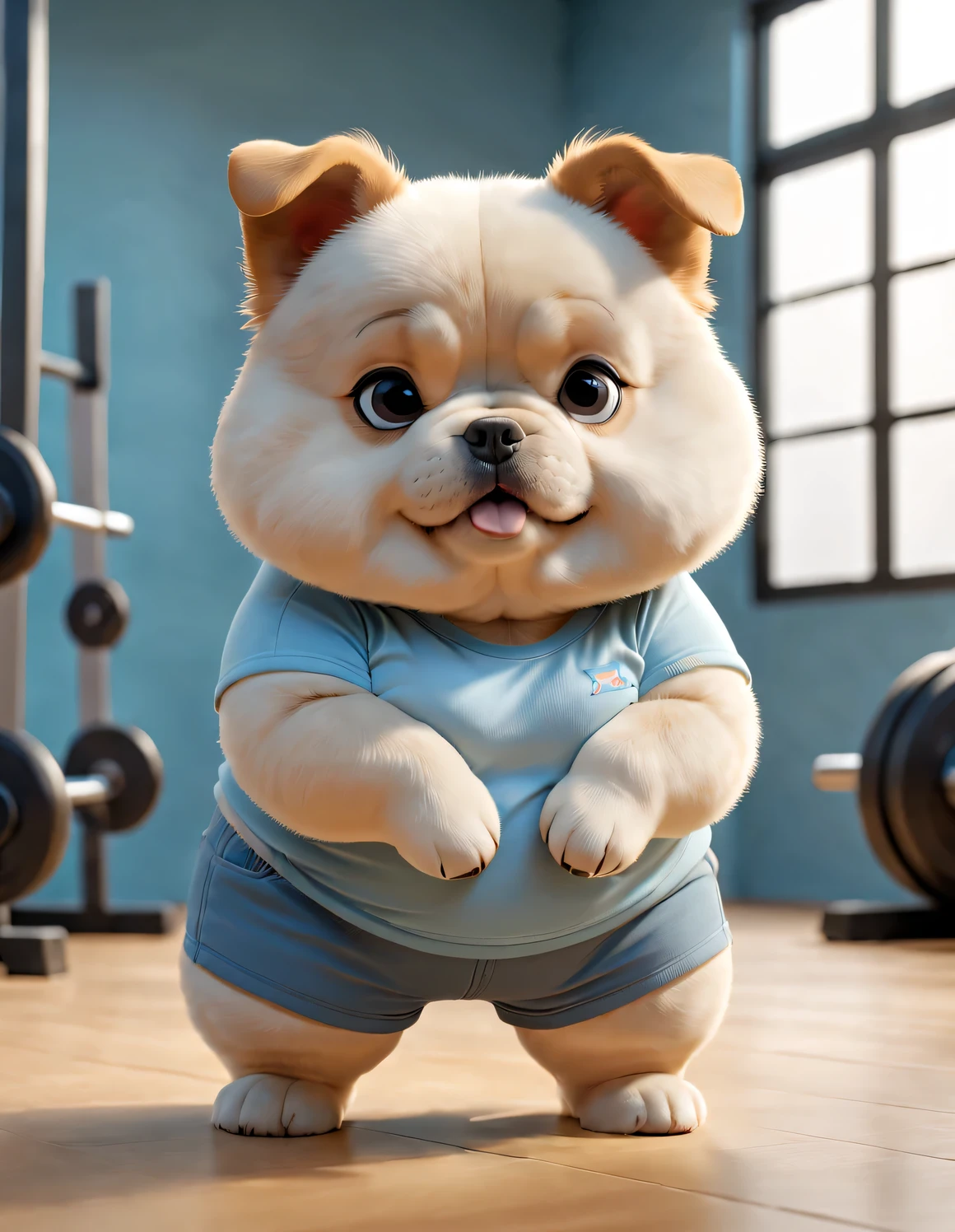 A cute chubby puppy，Wearing a light blue short T-shirt and shorts, Nezha combs his hair, Stand with your head down, Looking down in frustration at the exposed fat belly and navel. background: Gym, high detail, Super quality, Surreal, photo, 8k