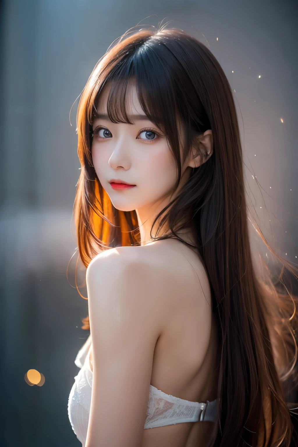 best quality, 32k, RAW photo, incredibly absurdres, extremely detailed, delicate texture, bust up of a beautiful woman with a sad expression looking back, many seven-colored light particles bursting in the fog, fantastic and mysterious