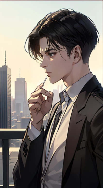 ((4K works))、​masterpiece、（top-quality)、((high-level image quality))、((One Manly Boy))、Slim body、((black suit))、((Men's Fashion))、(Detailed beautiful eyes)、town in the morning、Levi Ackerman、Attack on Titan、((short hair above the ears))、((Smaller face))、((Neutral face))、((28 year old))、((Handsome man))、((Korean Makeup))、((elongated and sharp eyes))、((Black eyes))、((Like a celebrity))、Everyday photography、((Shot alone))、((Shot diagonally from the side))、((Upper body photography))、((Sharp eyes)) smoking a cigarette, background: city skyline at night