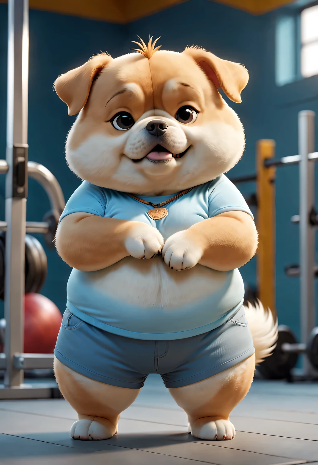 A cute chubby puppy, Wearing a light blue short T-shirt and shorts, Nezha combs his hair, Standing with head down in frustration, Looking down at the exposed round belly. background: Gym, high detail, Super quality, Surreal, anthropomorphic, photo, 8k,