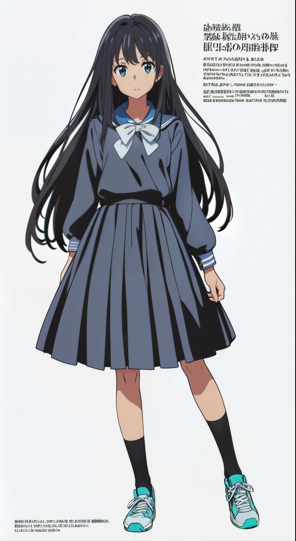 (white background:1.0), (best quality:1.0), (masterpiece:1.0), (super fine illustration:1.0), (beautiful artwork:1.0), (anime:1.0), (official art:1.0), (full body:1.0), (solo:1.0), (a yo cute girl:1.0), (long skirt:1.0), (dark blue skirt:1.0), (pleated skirt:1.0), (dark blue sailor uniform:1.0), (long sleeve sailor uniform:1.0), (sneakers:1.0), (white socks:1.0), (ideal ratio body proportions:1.0), (lanky:1.0), (tall:1.0), (slender:1.0), (small breasts:1.0), (smaller face:1.0), (tareme:1.0), (detailed beautiful eyes:1.0), (detailed beautiful face:1.0), (glowing black eyes:1.0), (medium hair:1.0), (black hair:1.0), (standing:1.0), (looking at viewer:1.0)