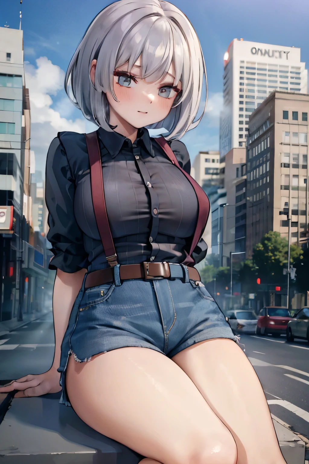 big breasts , bob cut , suspender shorts , (seatbelt effects) , nsfw , black shirt , panty shot , arms behind back