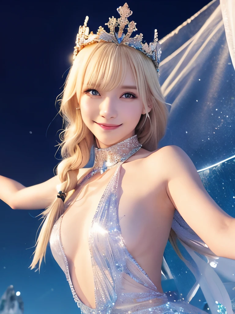 outstretched arms,upper waist up,bright real3d in cold colors,a goddess of beauty from ice world,middle age,healthy shape,ice crown,completely naked and only put glittering transparent curtain loosely on shoulder,cold look,mysterious smile,blonde bangs braid long hair,ice palace background