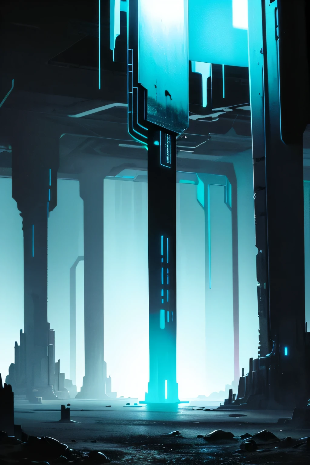 ((dark cyberpunk art)), (less light), very detailed, Tall black alien columns, alien columns with blue LED, faint blue fog, turquoise lights, cave, cave vaults, Alien ruins
