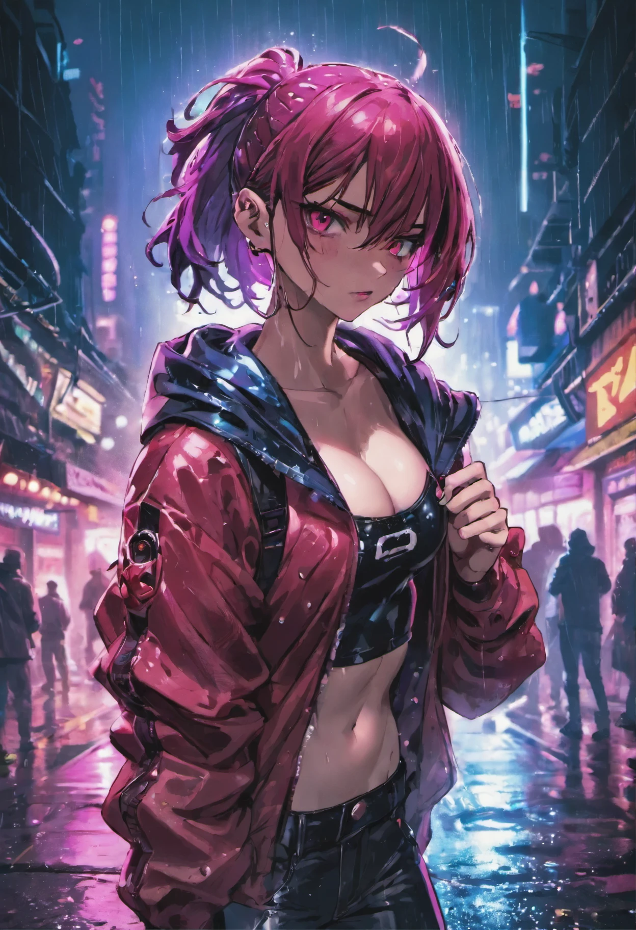 fotografia aproximada, jovem mulher cyberpunk confiante com cabelos loiros e brancos em um coque, usando um capuz com desenhos vermelhos e azuis, on a rain-soaked street at night, fotorrealista, cinematic lighting