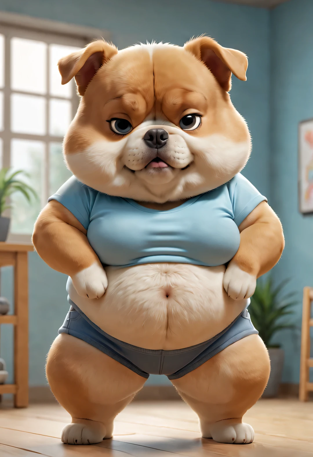 A cute chubby puppy, Wearing a light blue short T-shirt and shorts, Comb Nezha&#39;s hair, Stand with your head down, Looking down at the exposed fat belly in frustration, Show belly button, interesting, background: Gym, high detail, Super quality, Surreal, anthropomorphic, photo, 8k,