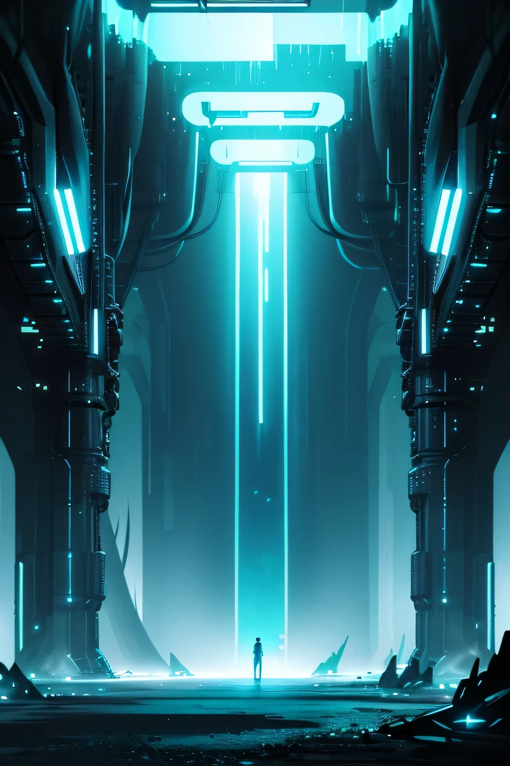 ((dark cyberpunk art)), ((Dark biopunk)), (less light), very detailed, Tall black alien columns, alien columns with blue LED, faint blue fog, turquoise lights, cave, cave vaults, ancient alien throne room