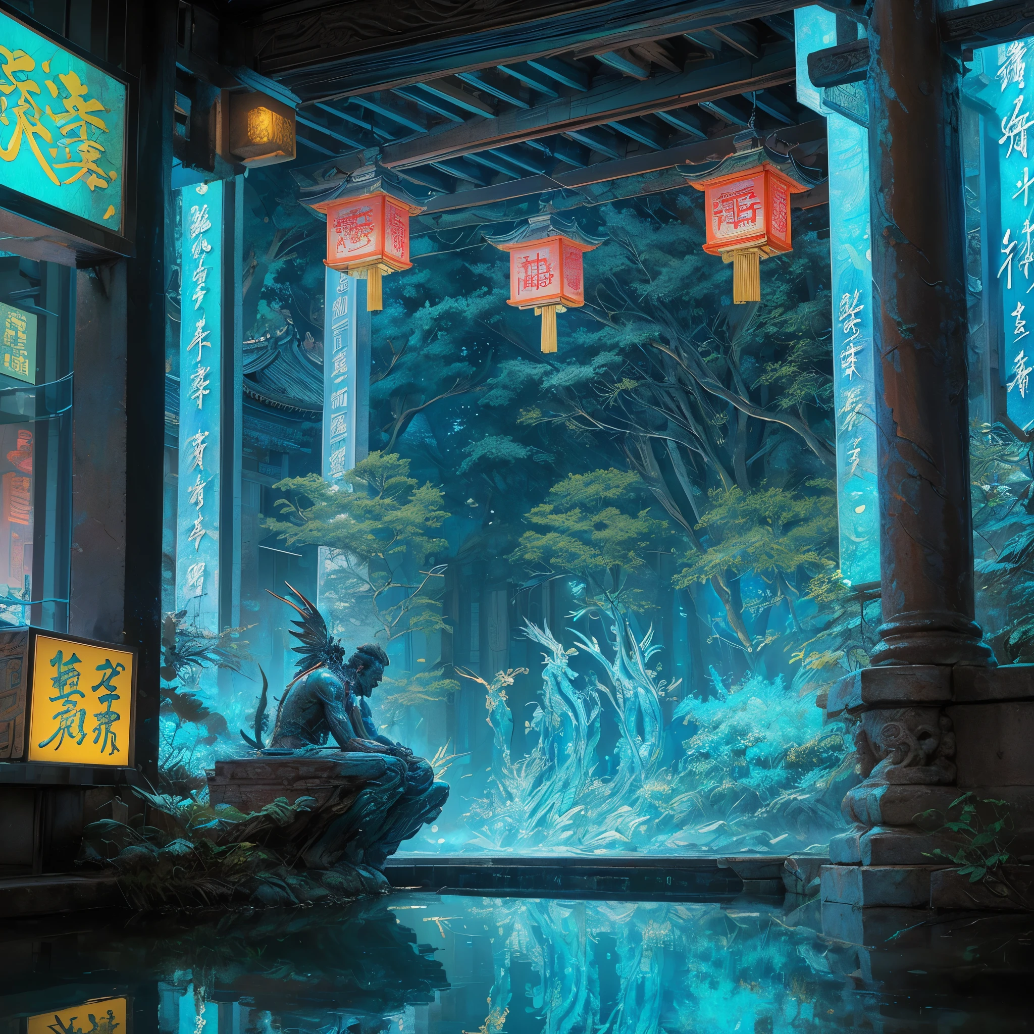 (Masterpiece, Best Quality, Ultra Detailed), Cyberpunk Style, Xuanwu Temple - Ancient Chinese Architecture, Mountain and Sea Sutra, Wide Angle Shot, Vibrant Neon Signs Surrounding, Eye-catching Holographic Decorations, Dense Foliage, Realistic Digital Render, Ultra High Resolution, Distinct Texture Detail - Finely Carved Wooden Buildings, Intricately Painted Dragons and Phoenixes, Luminescent Lotus Ponds, Crystal Clear Water Reflections, Beautifully Detailed Faces of Guardian Statues, Emotional Depth - ((((Deep Thought