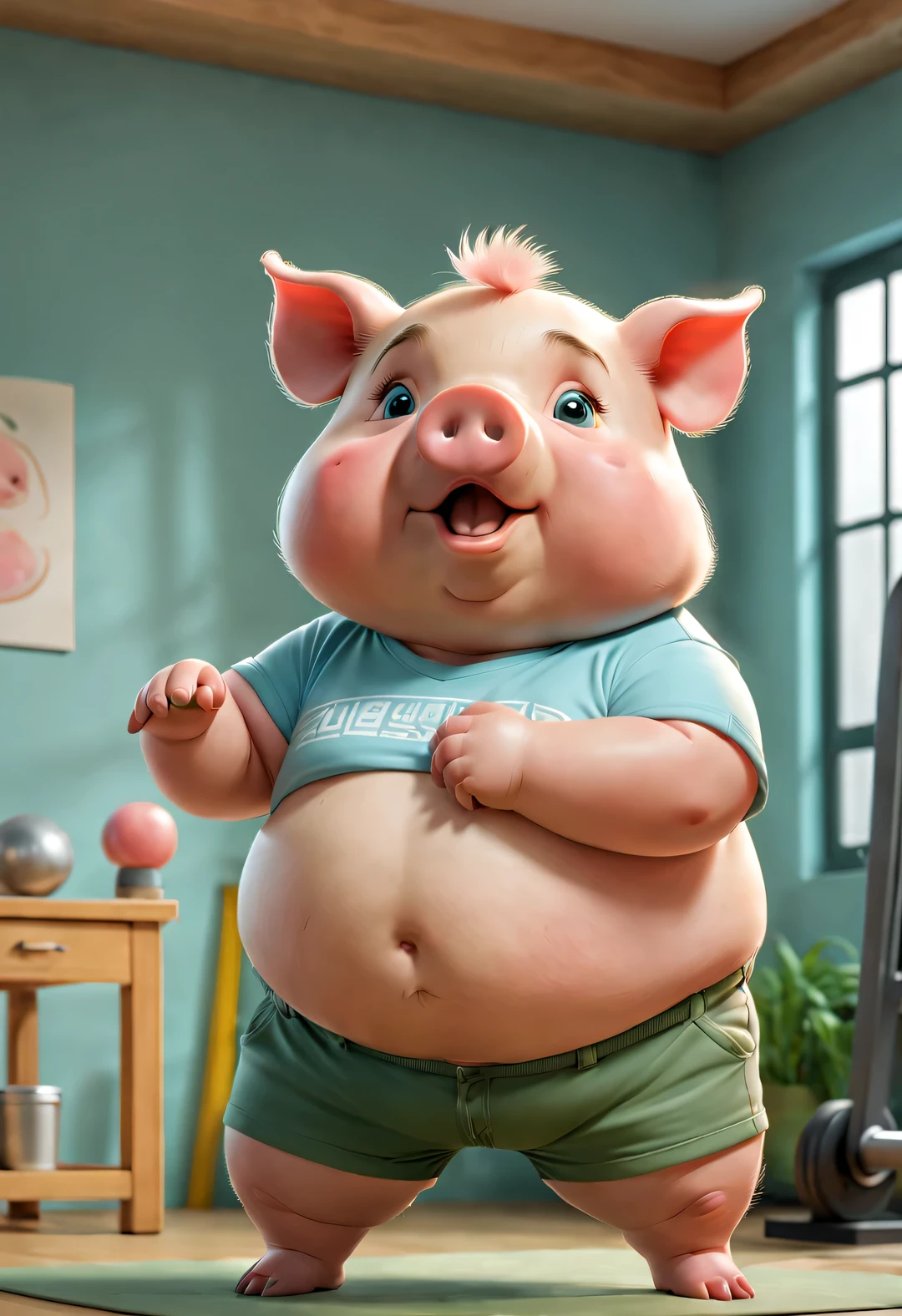 A cute chubby pig, Wearing a light blue short T-shirt and green shorts, Comb Nezha&#39;s hair, Stand with your head down, Looking down in frustration at the exposed fat belly and navel, interesting.，background: Gym, high detail, Super quality, Surrealism, personification, photo, 8k,