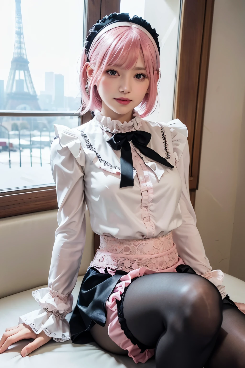 (8K, top-quality, masterpiece:1,2), (reallistic, Photorealsitic:1.37), Super Detail, One girl,), (Highly detailed), (beautifully detailed eyes), (of the highest quality), (super detailed ), (masterpiece), (Detailed face),20yr old, ,1 girl, ((pink hair,Very short hair)), medium breasts, clothed, Perfect Lighting, BREAK (pink fur coat:1.3), (white lace blouse:1.4), (black frill skirt:1.5), A-line silhouette, ribbon on skirt, (black  glossy tights:1.3), (white high heels:1.2), (pink hairband:1.2), earrings, BREAK bangs to the right, smile, look at camera, right hand on coat collar, left hand on skirt ribbon, legs together, Eiffel tower on left, snowing, natural light, orange light from evening sun