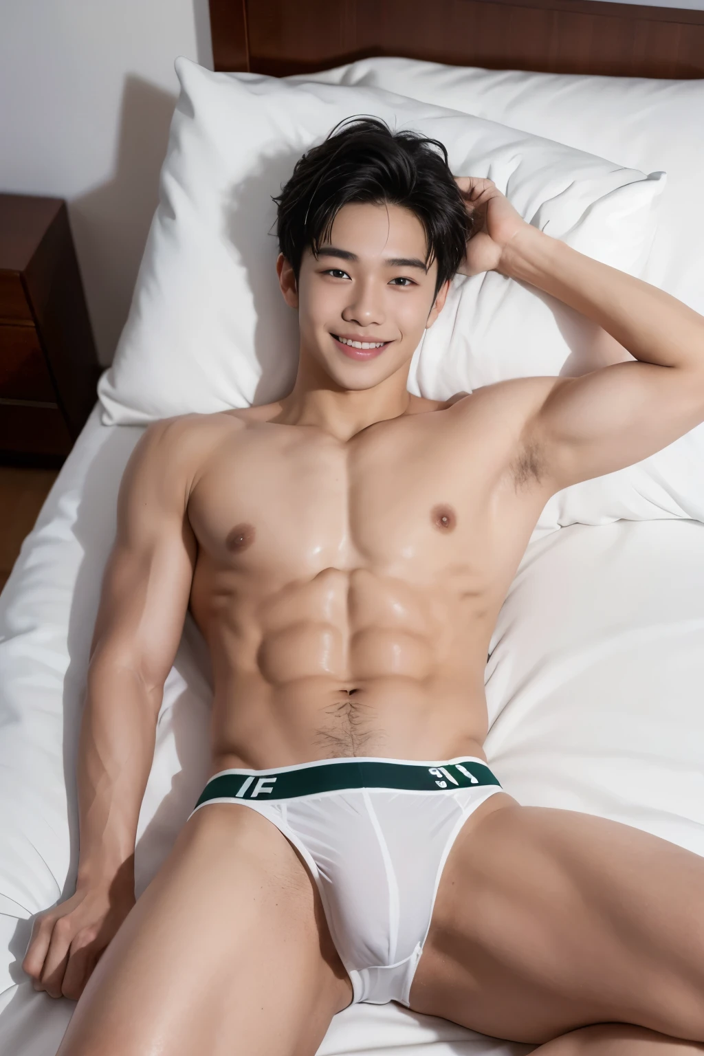 A -yeld boShirtless, smiling, Wear micro thong, whitestocking,Smooth skin, Lie down in bed,There are abs, junior sc a cucumber, Differential crushing cap, rough breath, Black hair, Messy hair, modern, Eye level shots, hyper HD, Masterpiece, ccurate