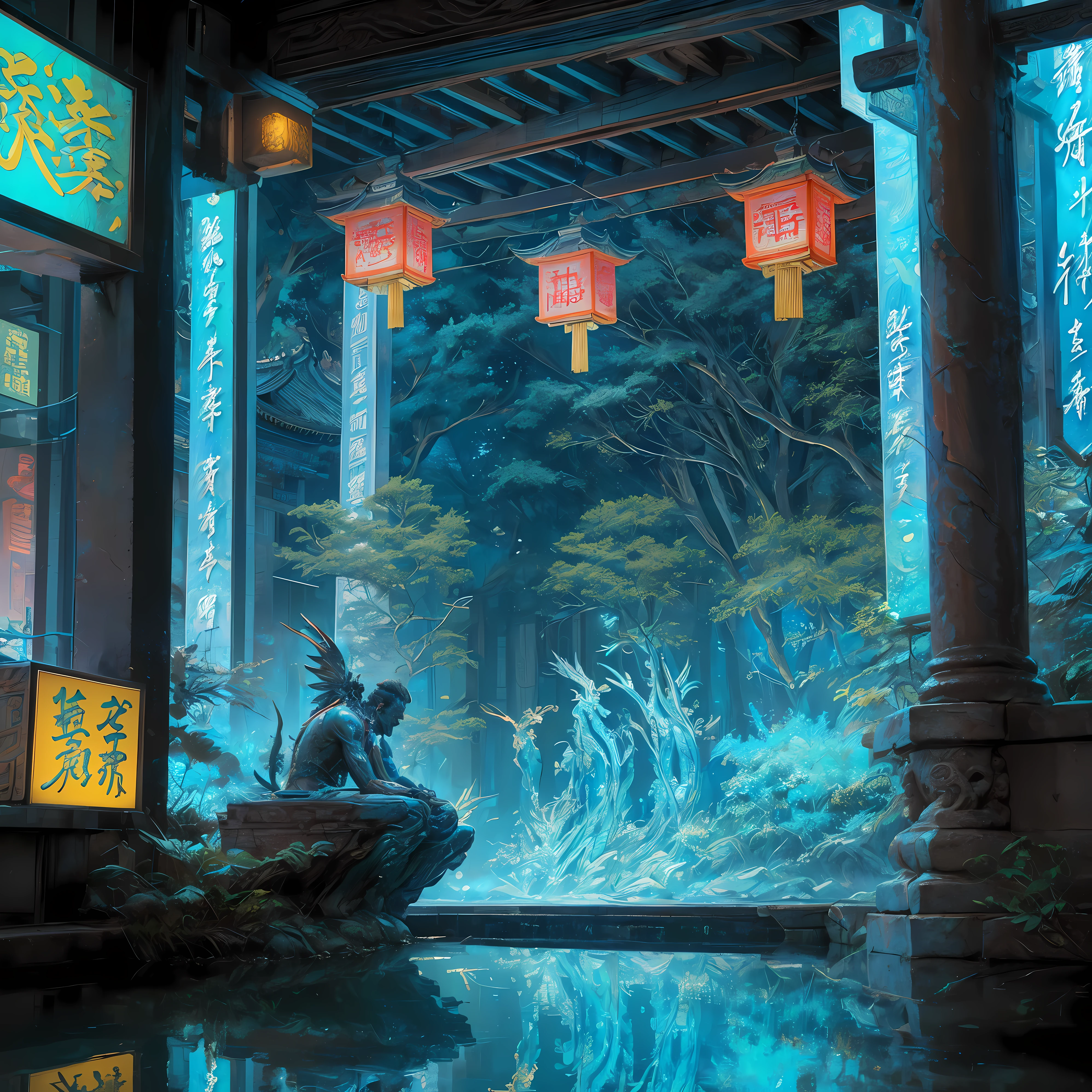 (masterpiece, best quality, Super detailed), cyberpunk style, Xuanwu Temple - ancient Chinese architecture, Mountain and Sea Sutra, wide angle shot, Vibrant neon lights all around, Eye-catching holographic decoration, dense foliage, Realistic digital rendering, ultra high resolution, Unique textural details - finely carved wooden architecture, Painted dragon and phoenix, glowing lotus pond, crystal clear water reflection, Beautifully detailed faces of the guardian statues, Emotional Depth - ((((meditation