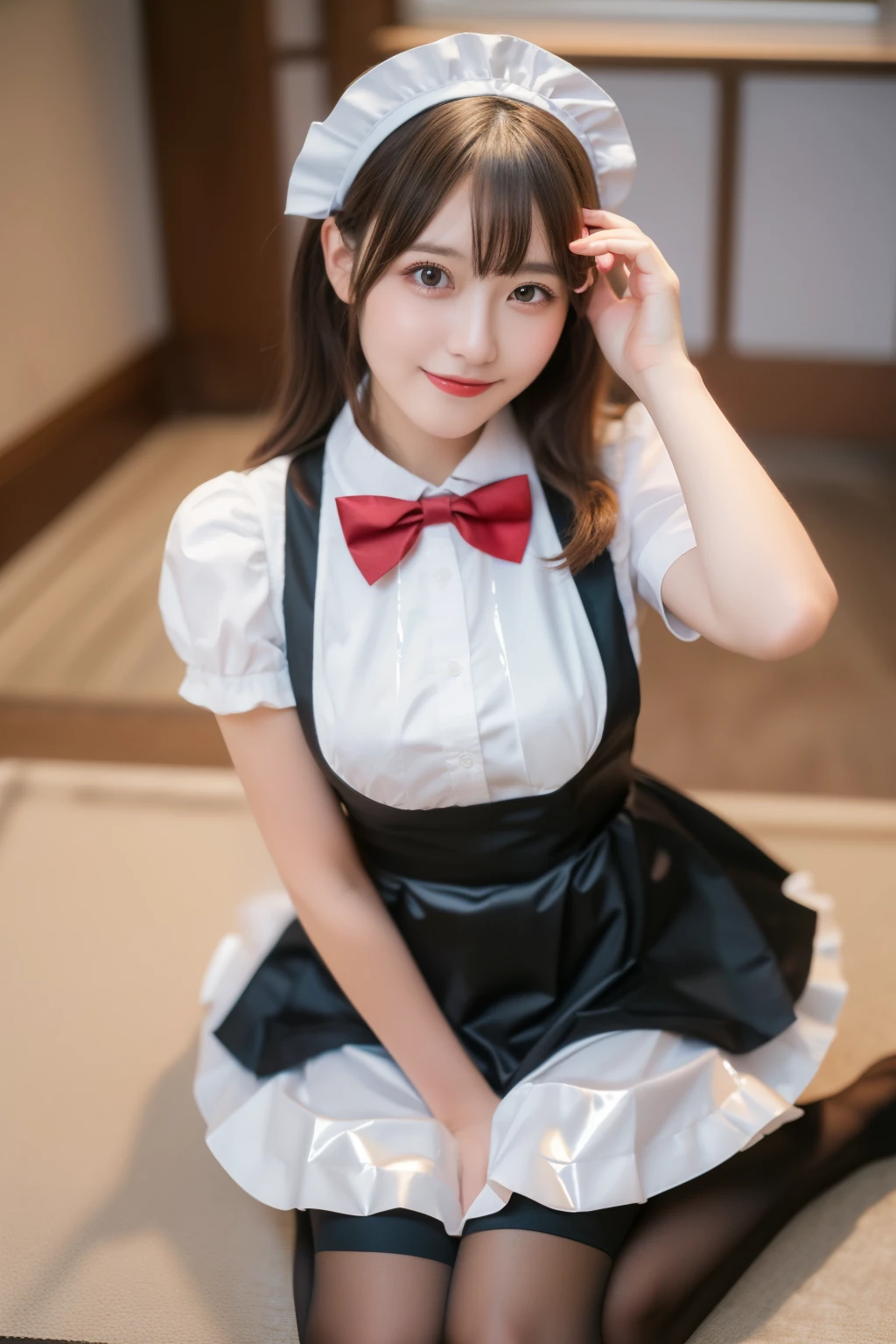 ((masterpiece)), (best quality, ultra high res, high detail photo, unity 8k wallpaper, extremely detailed CG:1.2),(raw photo,:1.3), (photo realistic:1.4), 1girl , young, professional lighting, strobe lighting, photon mapping, radiosity, physically-based rendering, cute, (finely detailed face:1.4, detailed clothes), (detailed:1.4) beautiful face, (seductive smile:1.2), depth of field, add layer, (dutch angle, gravure pose), cosplay, cosplayer, maid costume, maid headdress, frills, short skirt, bowtie, maid apron, (shiny oiled skin:1.25), sitting on white carpet, pantyhose, thighhighs, kneehighs,