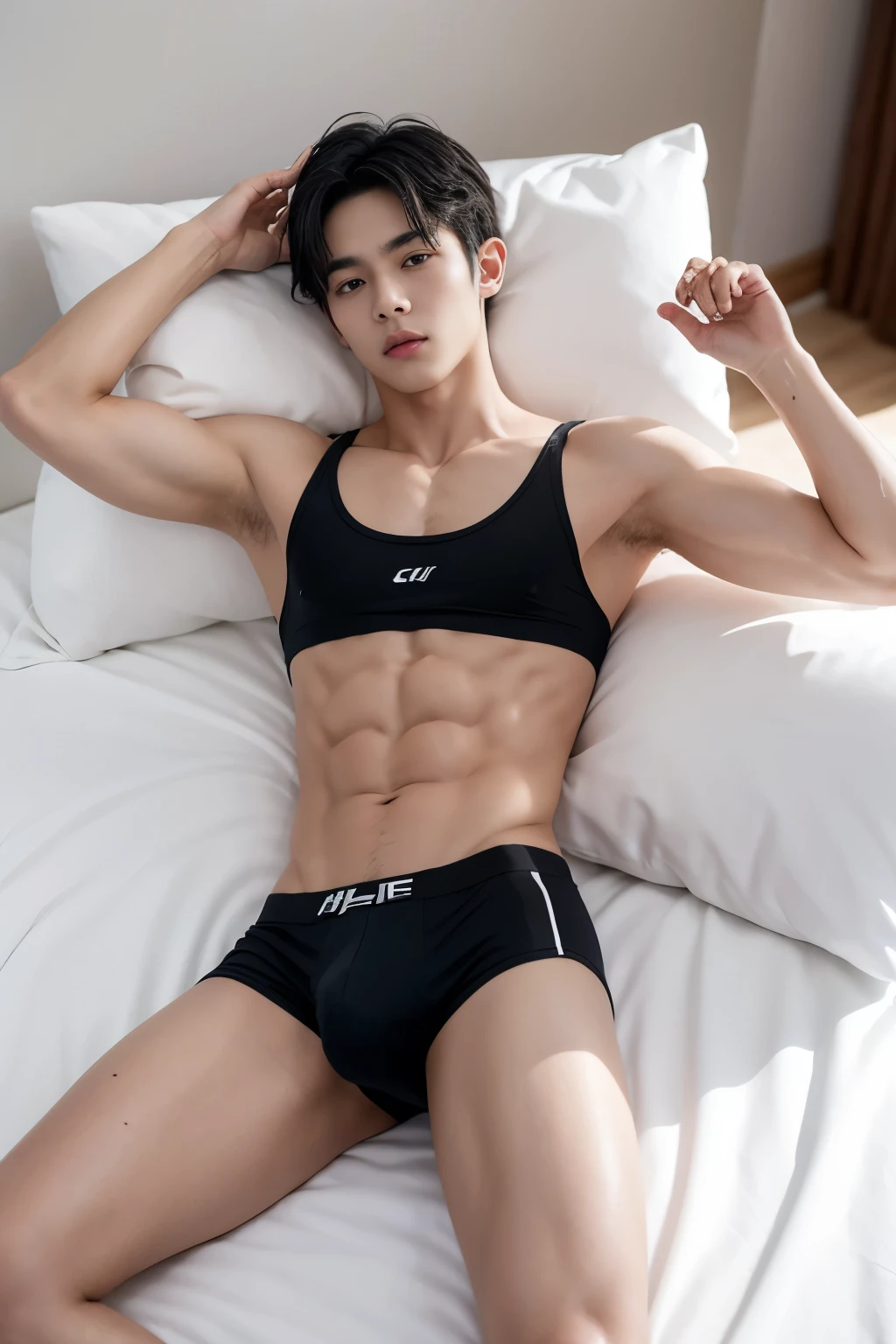 A -yeld boShirtless, Wear boxer panties, whitestocking,Smooth skin, Lie down in bed,There are abs, junior sc an slim long eggplant, Differential crushing cap, rough breath, Black hair, Messy hair, modern, Eye level shots, hyper HD, Masterpiece, ccurate