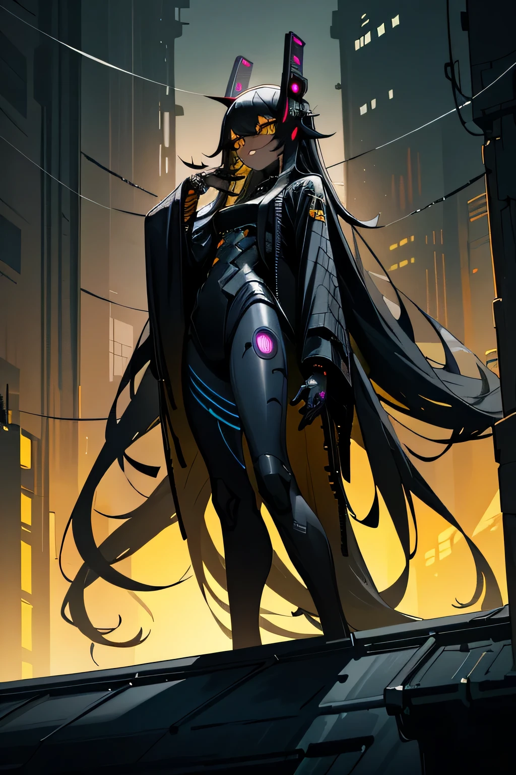 ((dark cyberpunk art)), full length portrait, Little insect girl, (elegant insect girl), yellow eyes, Insect antennae, very long hair, Black hair, Black skin, dark Black skin, black alien skin, Rooftop Scene, cold light, (very detailed art), very detailed background, insanely detailed background