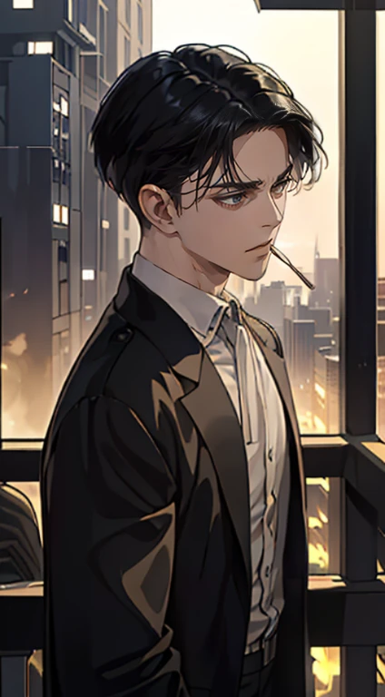 ((4K works))、​masterpiece、（top-quality)、((high-level image quality))、((One Manly Boy))、Slim body、((black suit))、((Men's Fashion))、(Detailed beautiful eyes)、town in the morning、Levi Ackerman、Attack on Titan、((short hair above the ears))、((Smaller face))、((Neutral face))、((28 year old))、((Handsome man))、((Korean Makeup))、((elongated and sharp eyes))、((Black eyes))、((Like a celebrity))、Everyday photography、((Shot alone))、((Shot diagonally from the side))、((Upper body photography))、((Sharp eyes)) (bored expression) smoking a cigarette, background: city skyline at night, looking at the viewer, facing front, he is leaning back against a railing