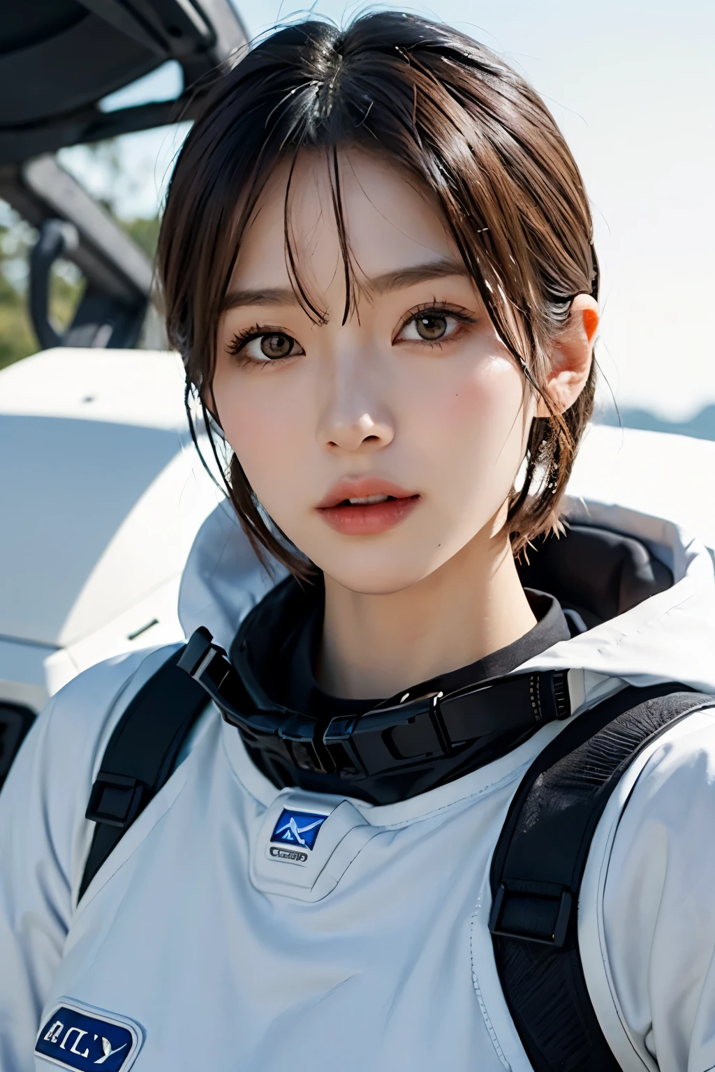 highest quality、masterpiece、ultra high resolution、(real:1.4)、Beautiful woman1、Beautiful details of eyes and skin、light brown short cut hair、The perfect spacesuit、spaceship、snow原、snow、