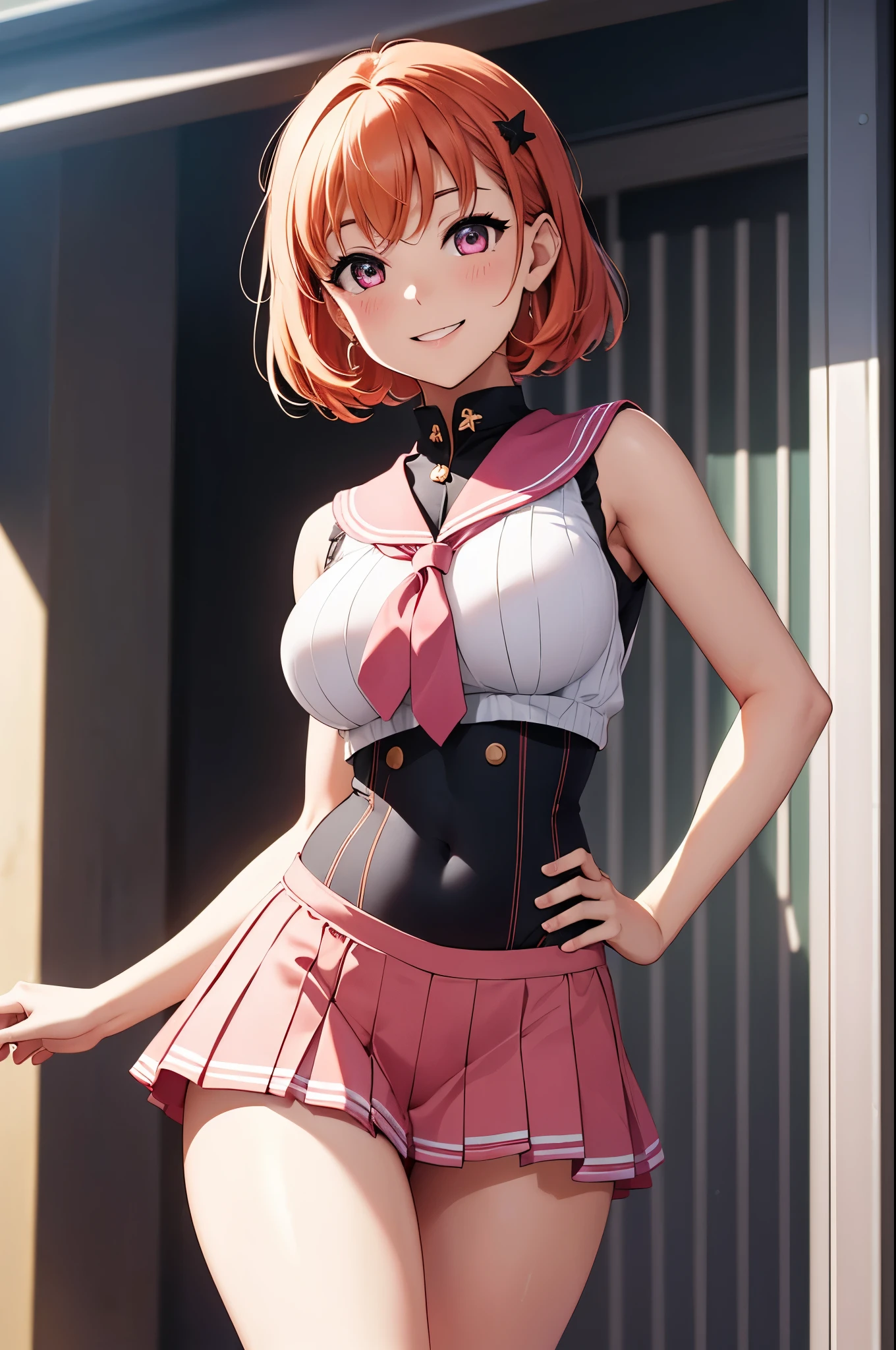 (best quality,4k,8k,highres,masterpiece:1.2), ultra-detailed,takami chika, pink eyes,sailor top, school skirt, navel, standing ,one hand on hip another hand on head,slightly excited and smile, sleeveless, thighs, cowboy shot, hair ornamen ,big breasts , navel ,ass visible through thighs 