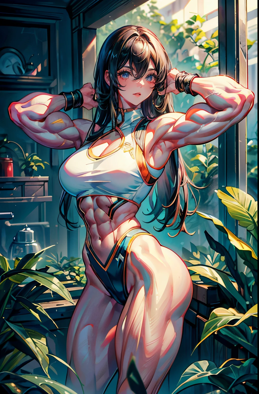 (best lighting) , (Extremely complex and detailed) , 4K unified, (Super detailed CG: 1.2) , (8k: 1.2),(original), (masterpiece) , (best quality),(masterpiece:1.4),Anime-like high quality,(masterpiece),masterpiece, Super clear picture quality,clearer than,(delicate face)best quality, absurd,((Master of Peace, 4K, 8k, Yes, high resolution))1个girl, female student,She was in the garden,Ten strong abdominal muscles,stand up,Crop topping,dense, There are raised veins on the arms,Excessive muscles,The visual sense of muscle explosion,muscles feel like they'About to explode,The biceps are as big as several steamed buns,spring, boots, Perfect body, long hair, dynamic poses,legs exposed,Strong leg muscles ((bodybuilder:1.5)),spring Garden,(beautiful bass),(girl),(miss),(((Upper body:1)))Fashionable midriff-baring outfit