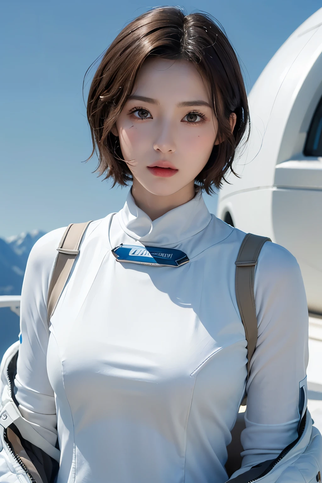 highest quality、masterpiece、ultra high resolution、(real:1.4)、Beautiful woman１、Beautiful details of eyes and skin、light brown short cut hair、The perfect spacesuit、spaceship、snow原、snow、