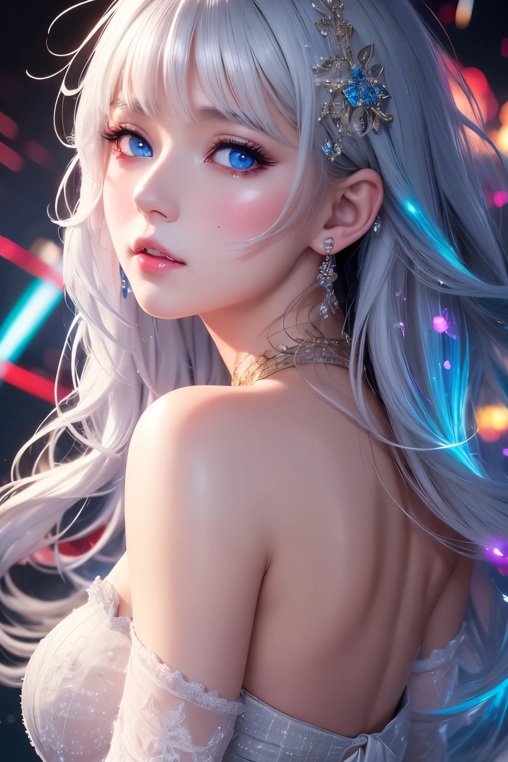 finest image, face focus, portrait, detailed and delicate depiction, slightly upward facing profile, beautiful cute sexy lady, amorous expression, lewd expression, ???????, orgasm, light pink glossy braided bangs iridescent messy short hair, emerald green sparkling big eyes, red alluring moist big thick lips, background that emits fantastic light, light particles, light sparkles, petals, scatter white red gold and silver glitter and confetti, rainbow-colored feathers, professional lighting