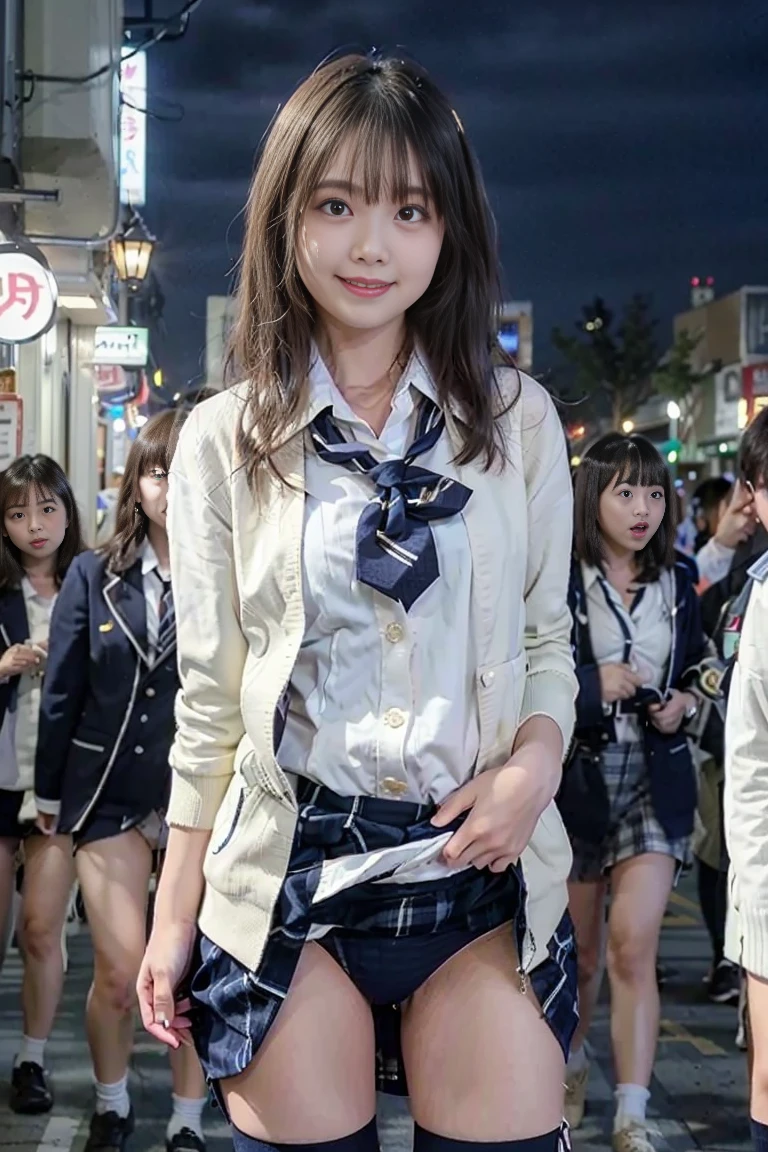 （Highest image quality、highest quality、highest resolution、masterpiece、detailed、real photos）、Beautiful and cute 17 year old high school girl、looking at the camera、((light brown straight hair、Pink lip balm、smile))、((With a full body shot))、((At a low angle))、(Quite small)、(Quite lean body)、((Navy blazer uniform designated by public high schools、Dark blue checked miniskirt、navy blue tie:1.3))、((white bra and white panties))、((White open collar shirt、Khaki cardigan、white socks、black loafers))、Black Student Bag、((The location is in the downtown area at night.、I&#39;m in a crowd on my way home from school:1.3))