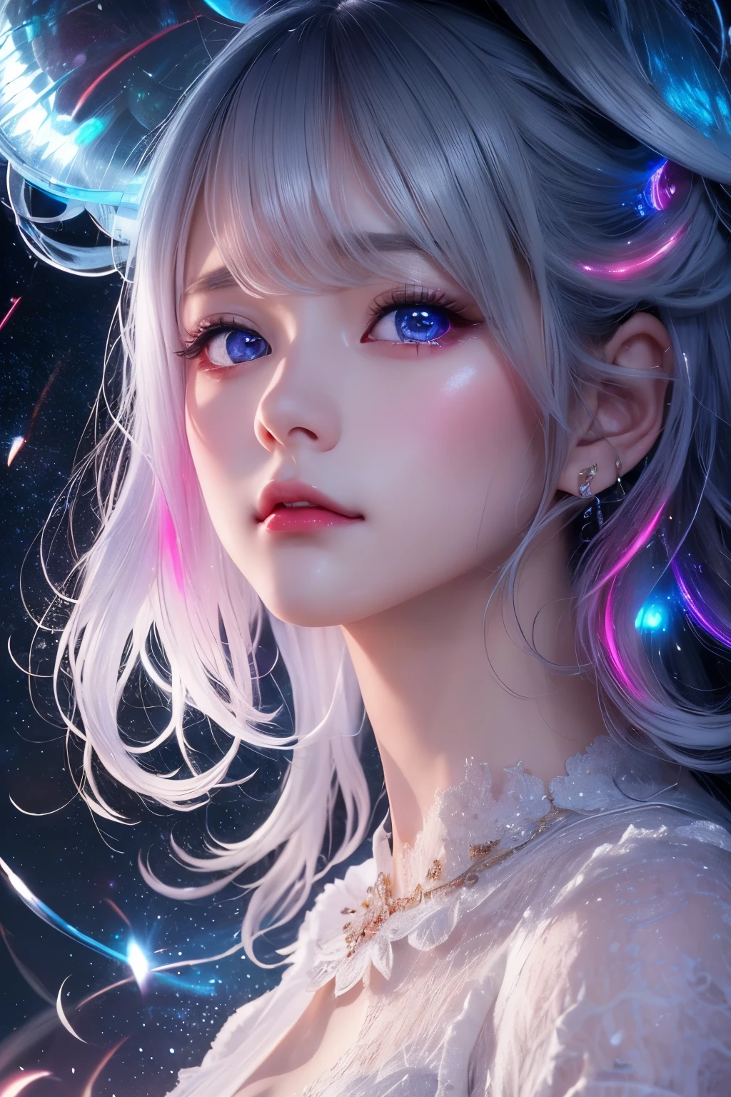 best quality, 32k, RAW photo, incredibly absurdres, extremely detailed, delicate texture, bust up of a beautiful woman with a sad expression looking back, many seven-colored light particles bursting in the fog, fantastic and mysterious