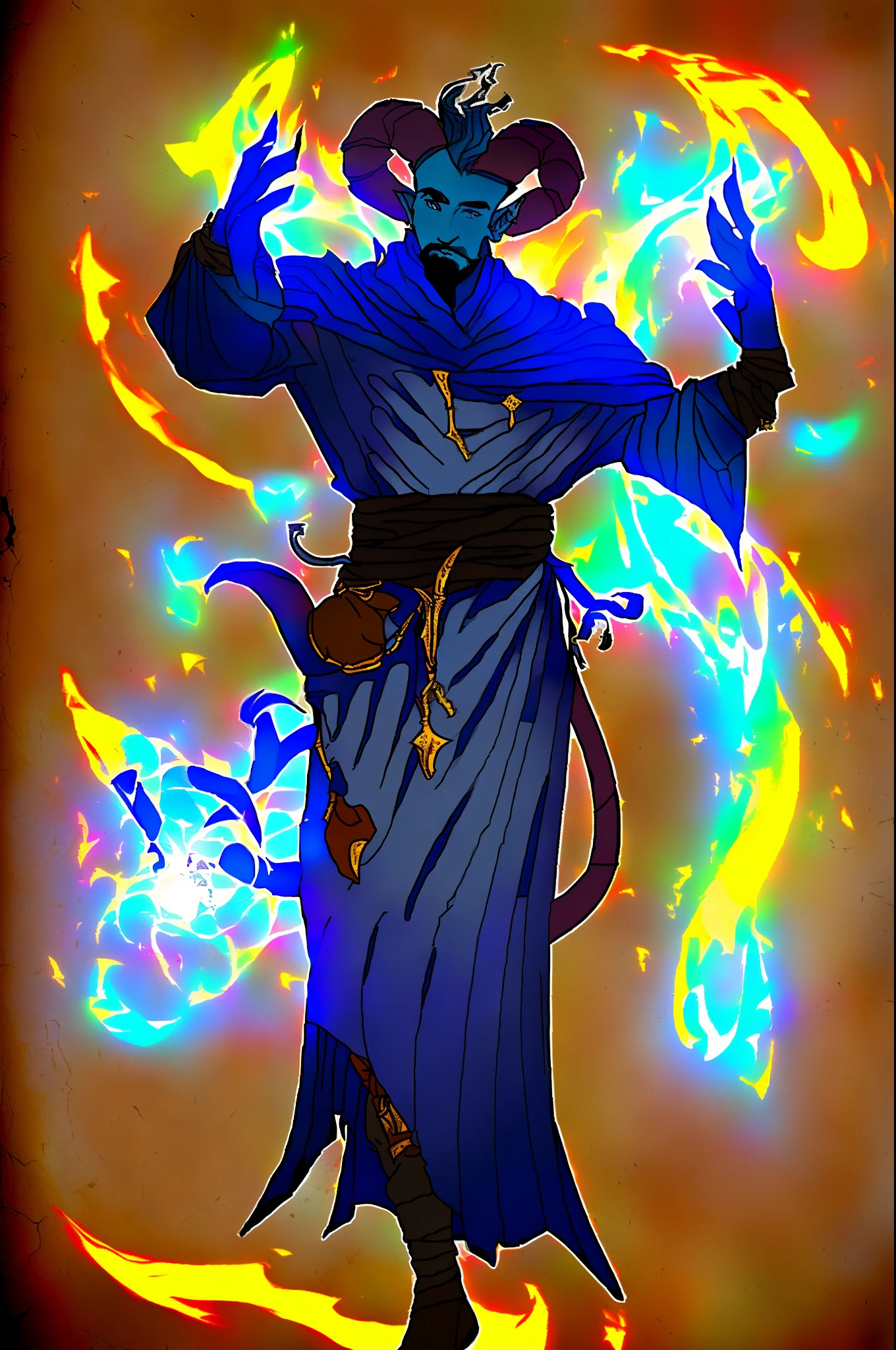 masterpiece, 1man, extremely detailed character, full body shot, best quality, dnd, dungeons and dragons, (Tiefling), (Warlock), colored skin, horns, pointy ears, medieval era, fantasy clothes, anime style, (medieval dark wizard outfit)