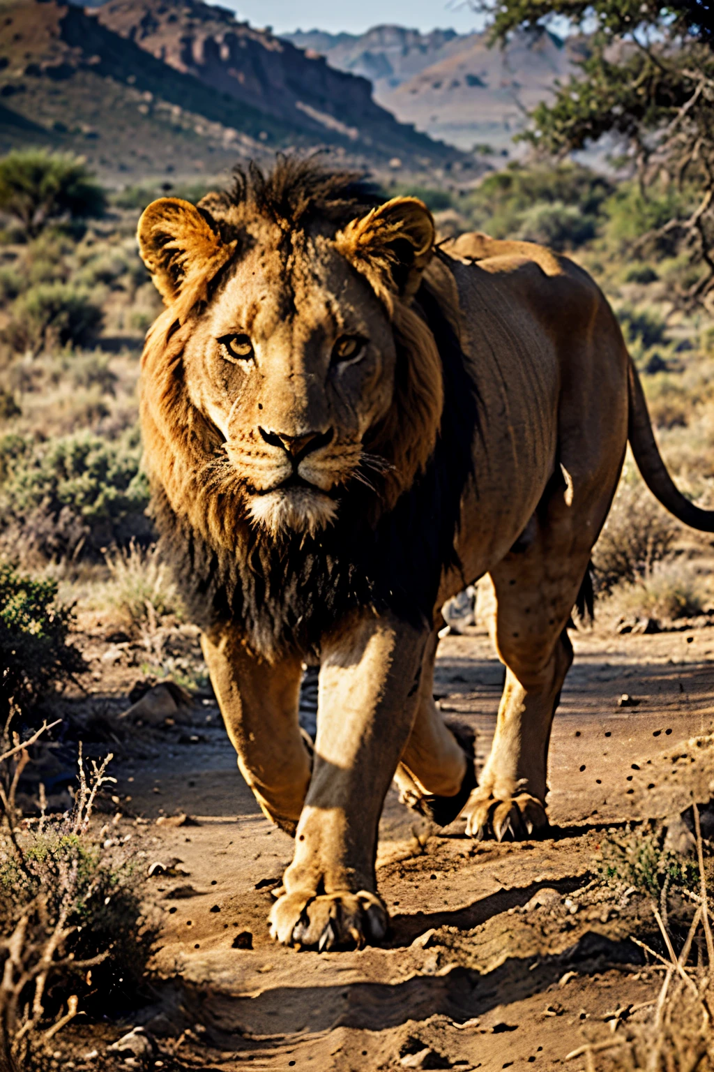 High Definition Contrast, hand painted Africa Lion, Very Aggressive Lion, in the wilderness, loss back in time with Ancient dinosaurs.