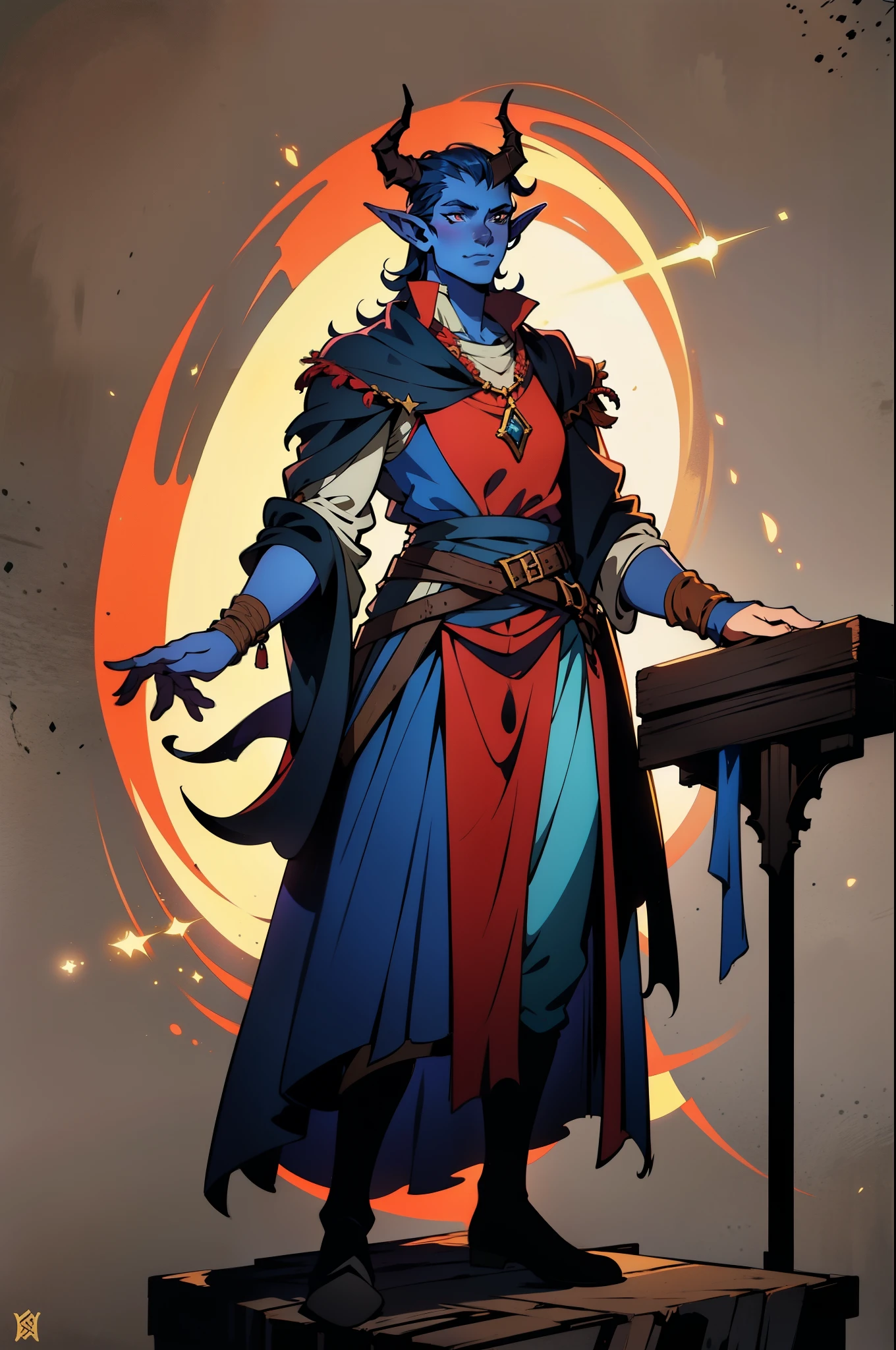 masterpiece, 1man, extremely detailed character, full body shot, best quality, dnd, dungeons and dragons, (Tiefling), (Warlock), colored skin, horns, pointy ears, medieval era, fantasy clothes, anime style, (medieval dark wizard outfit)