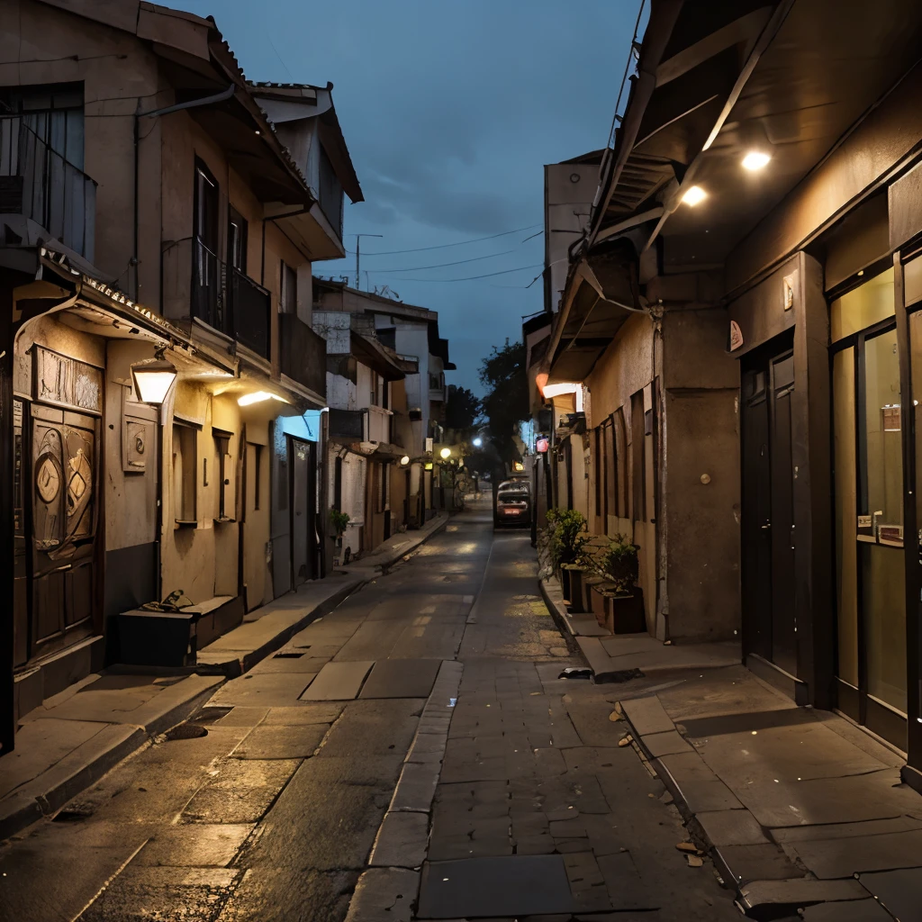 Paisaje urbano que se vea de noche, un bar a lo lejos con algunas mujeres en la esquina