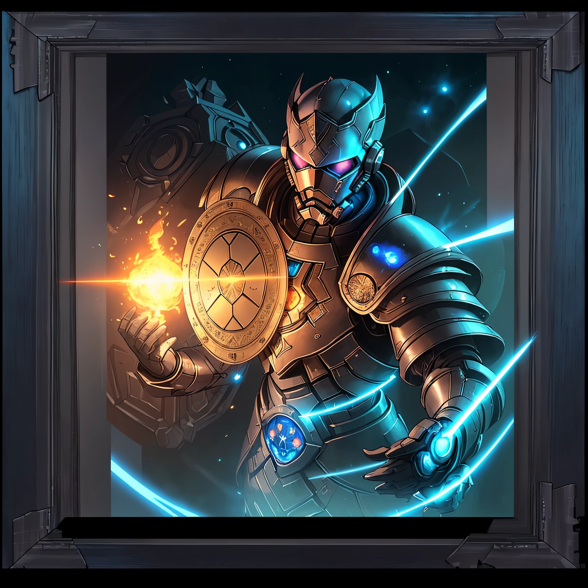 (Man in high tech magically powered half-plate armor with arcane reactor in center of chest and a shield hovering above a gothic cathedral with his droid companion)=1.6, Unholy Bioluminescent Flame,earnst haeckel, james jean. generative art, baroque, intricate patterns=1.1, fractalism, movie still, photorealistic, intricate, elegant=1.4, highly detailed, artstation, smooth, sharp focus, illustration, outrun, vaporware,epic wide angle shot, angle from above, (Golden Death Mask) = 1.45, cinematic lighting, blank stare:yawning, (looking at viewer), {Masterpiece}, ((Massive Unholy blue flame meteors falling in background))=1.7, 1man, tonemapping, best lighting, (((Framed Character Portrait))), (Hextech:Drone with a laser in background)