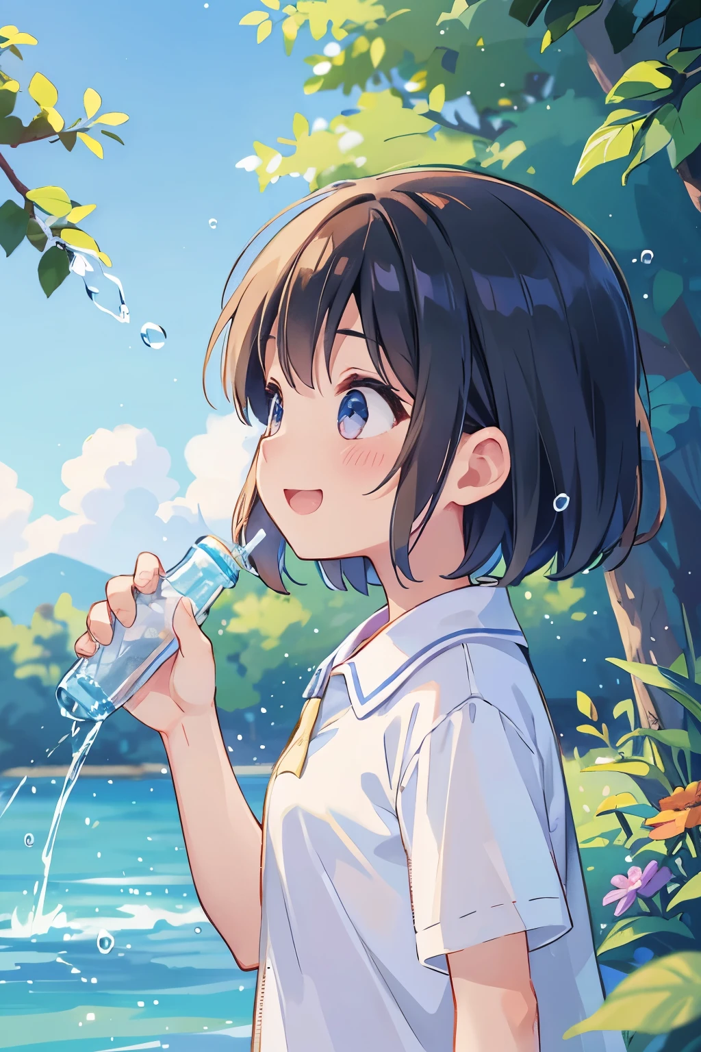 Mid summer、Girl pouring water from a plastic bottle on her head、water droplets、smile、Taken from the side