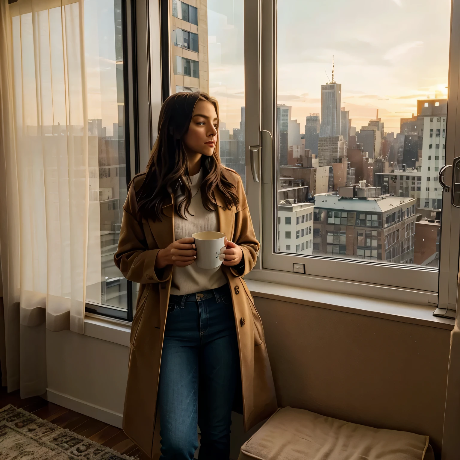 In the image, Elena is captured in a serene moment of morning solitude by the window of her New York apartment. The sunrise bathes the room in a soft, golden light, heralding the start of a new day. Despite the chill implied by her attire – a stylish, oversized camel coat and snug, suede boots – the warmth of the apartment shelters her from the cold outside. She holds a coffee cup with both hands, finding comfort in the warmth of the drink. Her relaxed denim jeans contrast with the elegance of the coat, combining comfort with style. The peaceful street scene of New York visible through the window is quiet, with the architecture standing majestic and unassuming against the morning sky. The indoor sanctuary she’s created offers a cozy contrast to the brisk morning air outdoors, and the quiet tranquility of the scene suggests a day that's full of potential.
