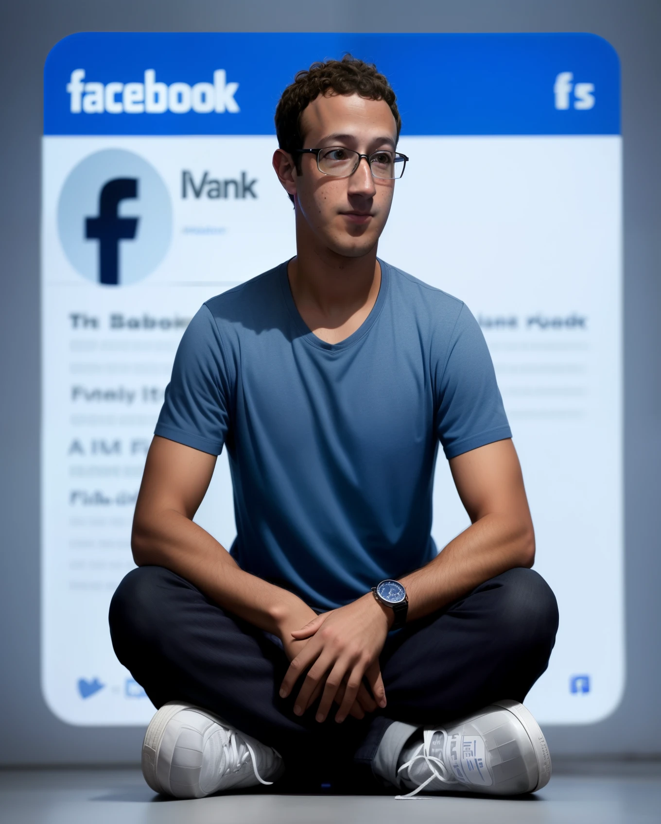 arafed man sitting on the ground with his hands crossed and a facebook page in the background, facebook profile picture, sakimichan frank franzzeta, profile picture 1024px, mark zuckerberg as a human, inspired by Ivan Grohar, facebook, avatar image, trending on facebook, inspired by David Park, professional profile picture