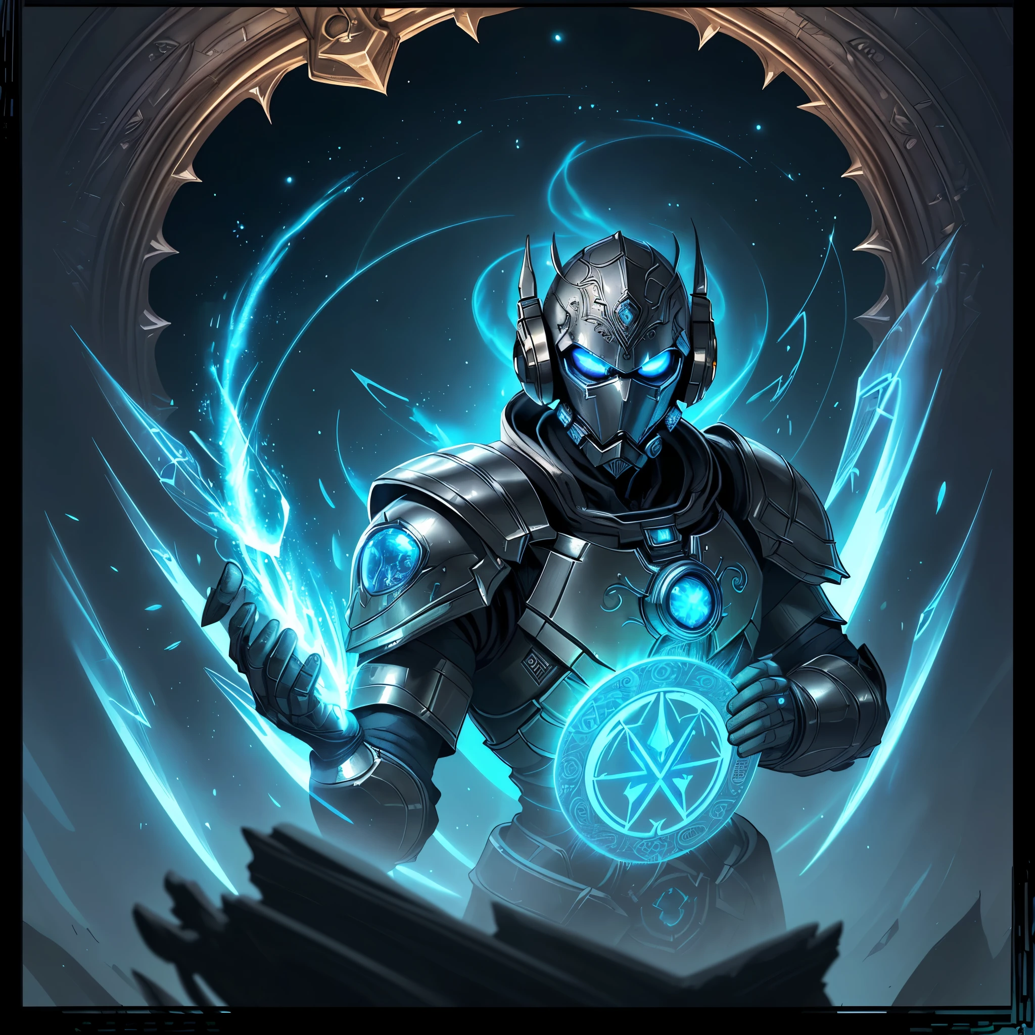 (Man in magically powered half-plate armor with arcane reactor in center of chest and a shield hovering above a gothic cathedral with his droid companion)=1.6, Unholy Bioluminescent Flame,earnst haeckel, james jean. generative art, baroque, intricate patterns=1.1, fractalism, movie still, photorealistic, intricate, elegant=1.4, highly detailed, artstation, smooth, sharp focus, illustration, outrun, vaporware,epic wide angle shot, angle from above, (Golden Death Mask) = 1.45, cinematic lighting, blank stare:yawning, (looking at viewer), {Masterpiece}, ((Massive Unholy blue flame meteors falling in background))=1.7, 1man, tonemapping, best lighting, (((Framed Character Portrait))), (Hextech:Drone with a laser in background)